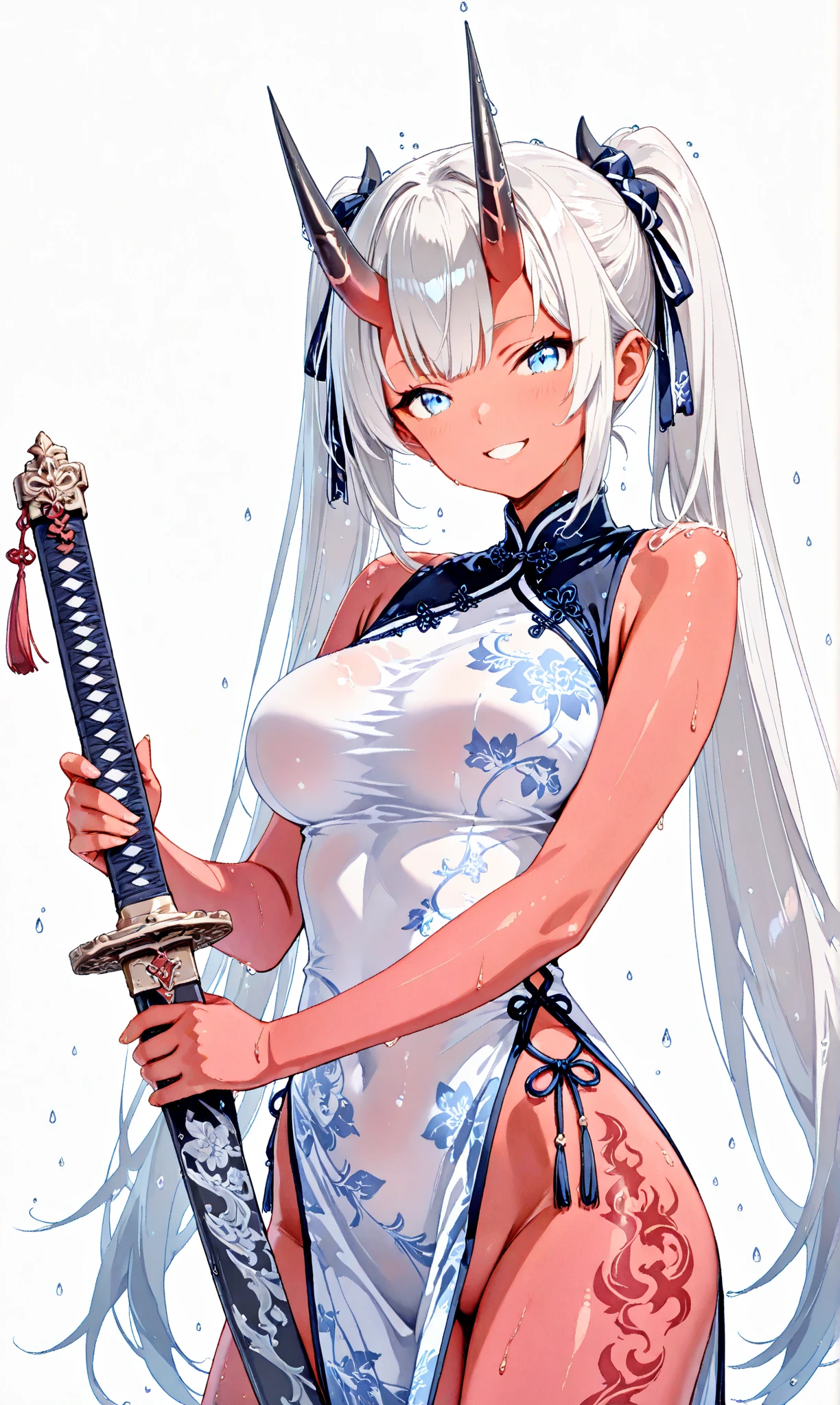 (She has cat ears:1.3),(Sky Eyes 1.3),(Face Focus:1.3), (Melancholy and smile:1.3),(Gentle face:1.3),(long white hair:1.3), hair messy, (Eye color is orange:1.3), (perfectly detailed eyes:1.3),Dynamic Angle,Her skin is pale,(White and blue priestess costume:1.3),(Transverse breasts:1.7),(Dual-wielding combat pose:1.3),(The red glowing samurai sword:1.3),(Sword shining in blue lightning:1.3),She has a samurai sword,dual-wielding,Unleash the Blade of Light,(Colossal tits:1.3),(Chest zoom:1.3),Highest Quality, Raise the railgun, ((sanpaku))(Pubic hair shows through)), (Blue glowing thunder sword:1.3),(Fiery Red Sword:1.3),Countless blades glowing blue,Lens Flare, Big rainbow,The moon shines,Star chips, bloom, ((light glow)), chromatic abberation], Digital Painting, Insane details, Intricate details, Beautifully color graded, Unreal Engine, Cinematic , colour grading, Editorial Photography , Photography, Kiss Shot, Canon 5D Camera Photography,Shot on 70mm lens, Depth of subject, ultra sharpness, nffsw, octane, Unreal, Dramatic light, Global Illumination,Motion Picture Film,rainbow,lensflare,(Rainbow Moon Wave Art:1.3),(Sengoku:1.3),(Agfacolor:1.3),(close portrait:1.3),(Feminine:1.4),(Beautiful:1.4),(Attractive:1.3),Move an angle,Themed Background,