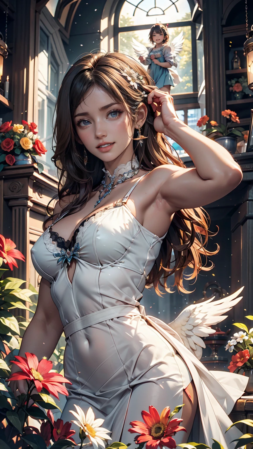 change, Leprechaun, Gray Hair: length, blue eyes, Small breasts, Best, garter, hair accessory, Captivating smile, sight, Tilt your head, Behind the arm, (slim), (Thin legs: Leg spread), Attention to detail, Highest quality, masterpiece, Detailed ice, Cumulonimbus, Beautiful details shine, ice crystal texture wings、Silver accessories on the wrist