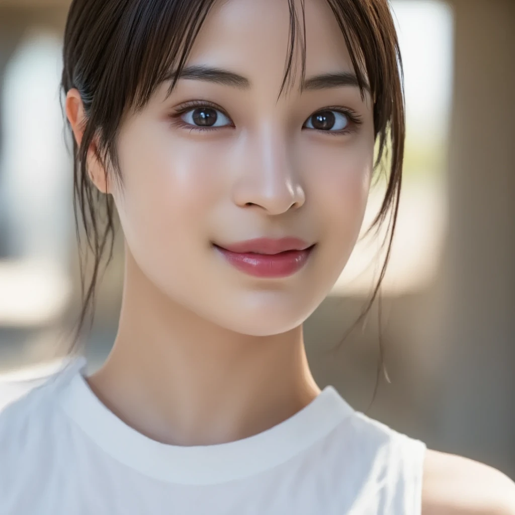 dressed, (photo realistic:1.4), (hyper realistic:1.4), (realistic:1.3),
(smoother lighting:1.05), (increase cinematic lighting quality:0.9), 32K,
1girl,20yo girl, realistic lighting, backlighting, light on face, ray trace, (brightening light:1.2), (Increase quality:1.4),
(best quality real texture skin:1.35), finely detailed eyes, finely detailed face, finely quality eyes,
(tired and sleepy),(smile:1.4), face closeup, t-shirts, close-up, upper body,
(Increase body line mood:1.1), (Increase skin texture beauty:1.1)