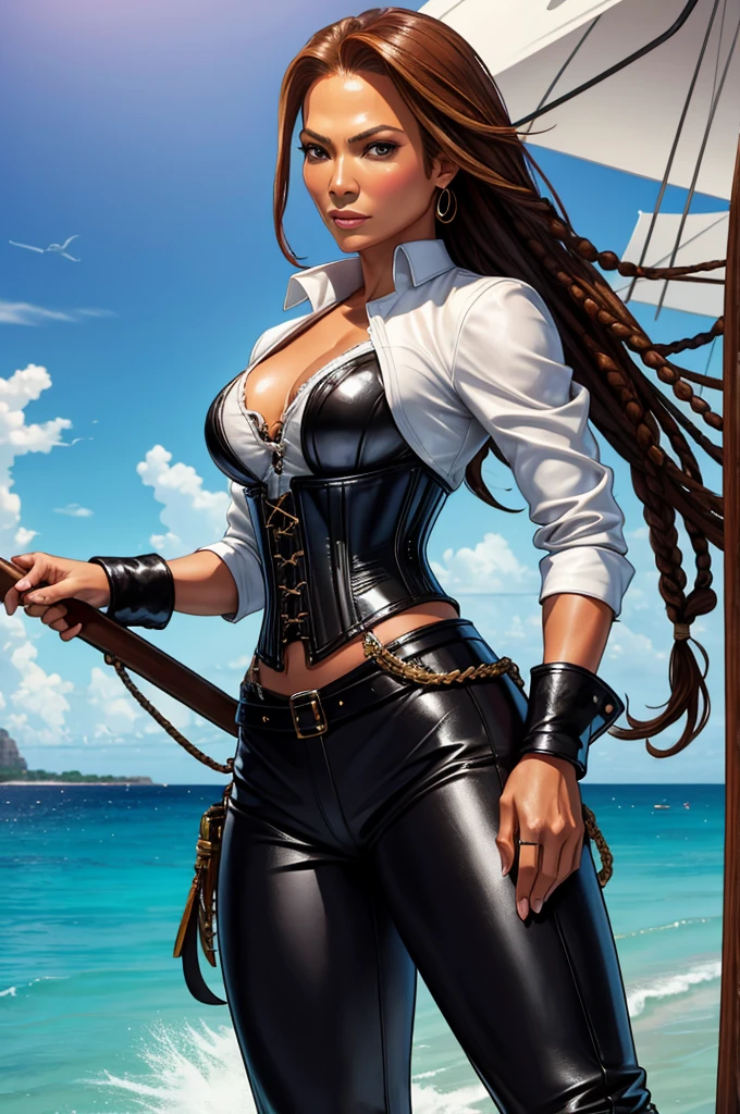 dramatic lighting, high quality, cinematic film, (attractive black girl, wearing dirty and tattered pirate costumes, standing on the deck of a pirate ship moored in the Caribbean port), breasts down, dark and gloomy atmosphere, toned body (torn clothes: 0.8), perfect face, looking at the viewer, (detailed skin), [tattoos], [freckles], ((dirty)), (muddy), (storm clouds: 0.7), (storm weather:  0.5), dull, natural lighting, (direct light:0.4), 8mm film grain, shot on Sony a9 II, 24mm lens, F/2.8 aperture, deep focus, (RAW), 8k, (still from The Lost Pirate Kingdom)