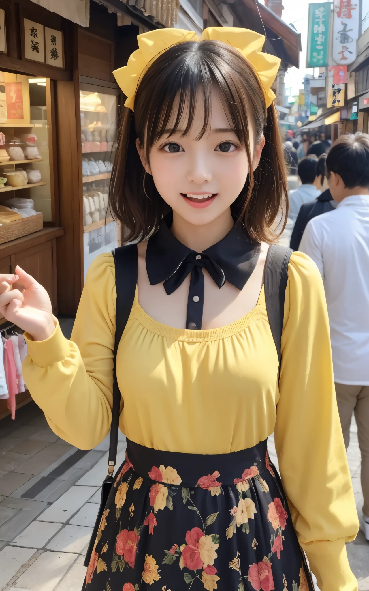 ((top quality)), ((masterpiece)), realistic images、other than the front、Very bright expression、Japanese Girl、 realistic image of the eye area 、Petite、 ish expression、、10age、bob hair、 black hair、 Slim、 body type、Breasts haven't developed、The chest does not expand、my chest isn't bulging、 body type、 Slim、Slimming、My bust isn't swollen、 ish expression、Real Face、Petite、yellow ta fashion clothes、 Long Sleeve、The bust doesn't swell、Does not emphasize the bust、thin body、I'm walking looking at the kiosks in the hot spring district、Bustling shopping street、They make manju、Stores that sell souvenirs,I'm walking very happy、I'm laughing with my mouth open、is sticking out his tongue、