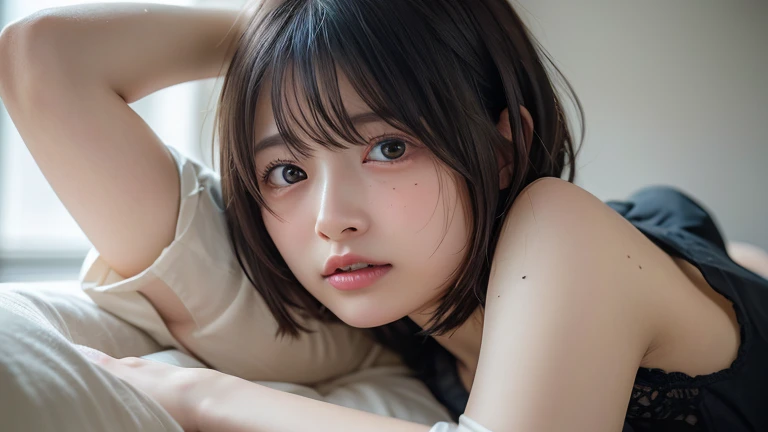 (Highest quality), (masterpiece), highly detailed, A young Riho Yoshioka, wearing a Japanese uniform, is lying on her back on a bed with her knees raised to her chest, legs wide open, and her vagina, with a penis inserted into it, facing the viewer., body, whole body, Eyes that are evenly shaped, Big eyes, Droopy eyes, A dreamy look, Seductive pose, Sweating profusely, Short Hair, Almost flat breasts, she does shy smile, she is blushing, She has a full head of pubic hair, Beautiful Vagina, I am having sex with her, get creampied, She is gasping with her mouth open, A simple background with just a sheet,