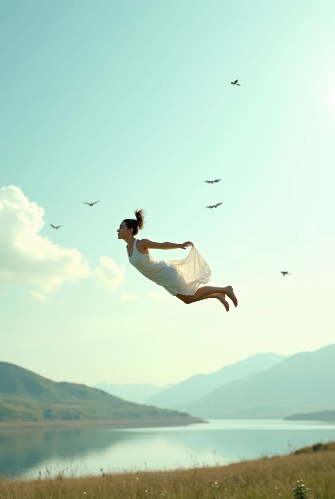 Rowan Blanchard flying happily and gracefully in the sky