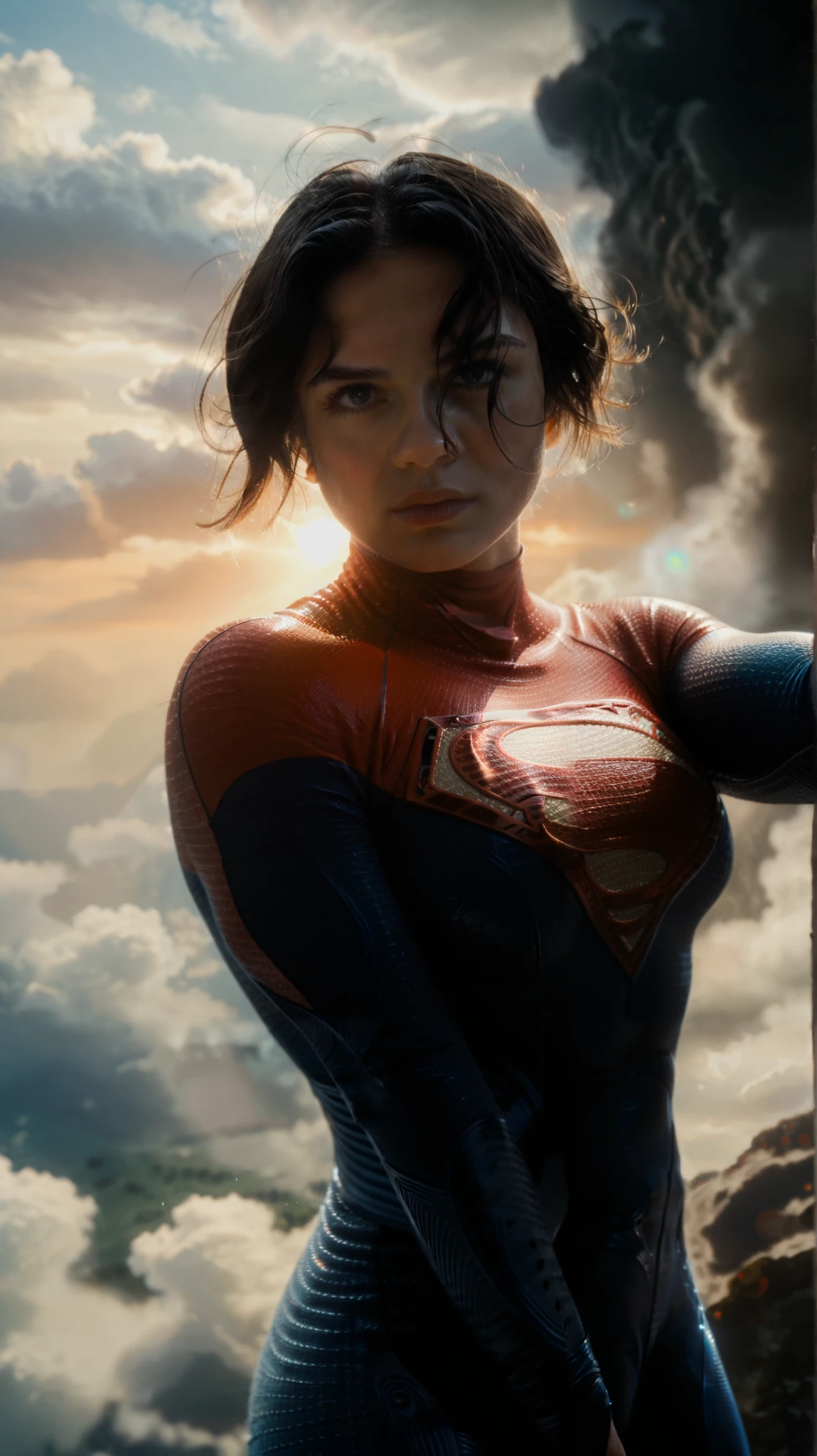 sup3rg1rl, 1girl,beautiful woman, portrait, sky background, , solo, short hair, looking at the viewer, glowing, score_9, score_8_up, score_7_up, score_6_up,Fisheye, she is flying dping the superman pose above the clouds and she is making a selfie video