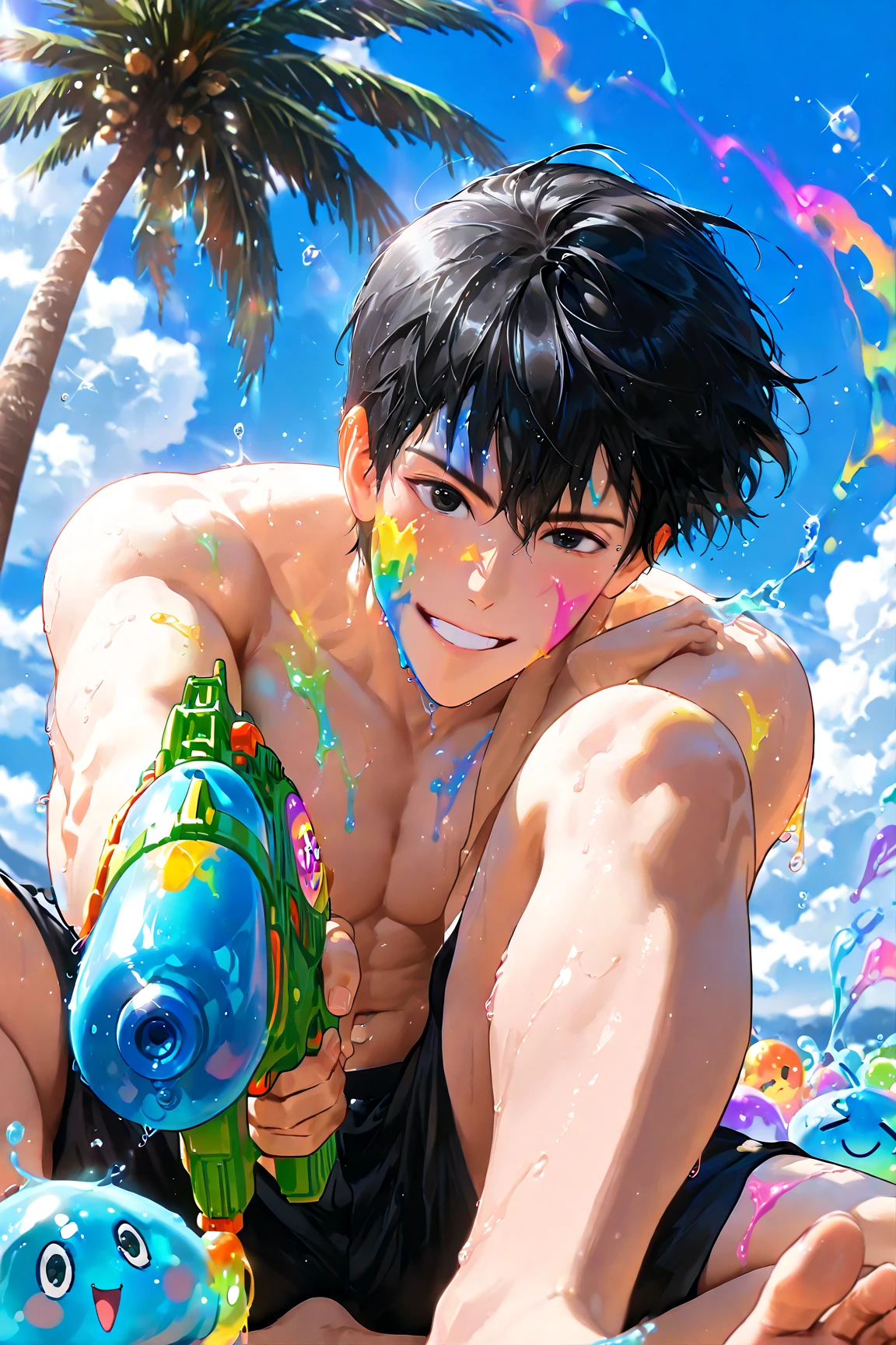 ultra detailed, high resolution, Good quality, Kokichi Ouma, danganronpa, Swimsuit, short negro, collar, black glued gloves, grabbing water gun, on a beautiful sunset on the beach, sexy man, Alone, Very detailed face and eyes,toned chest, smiling