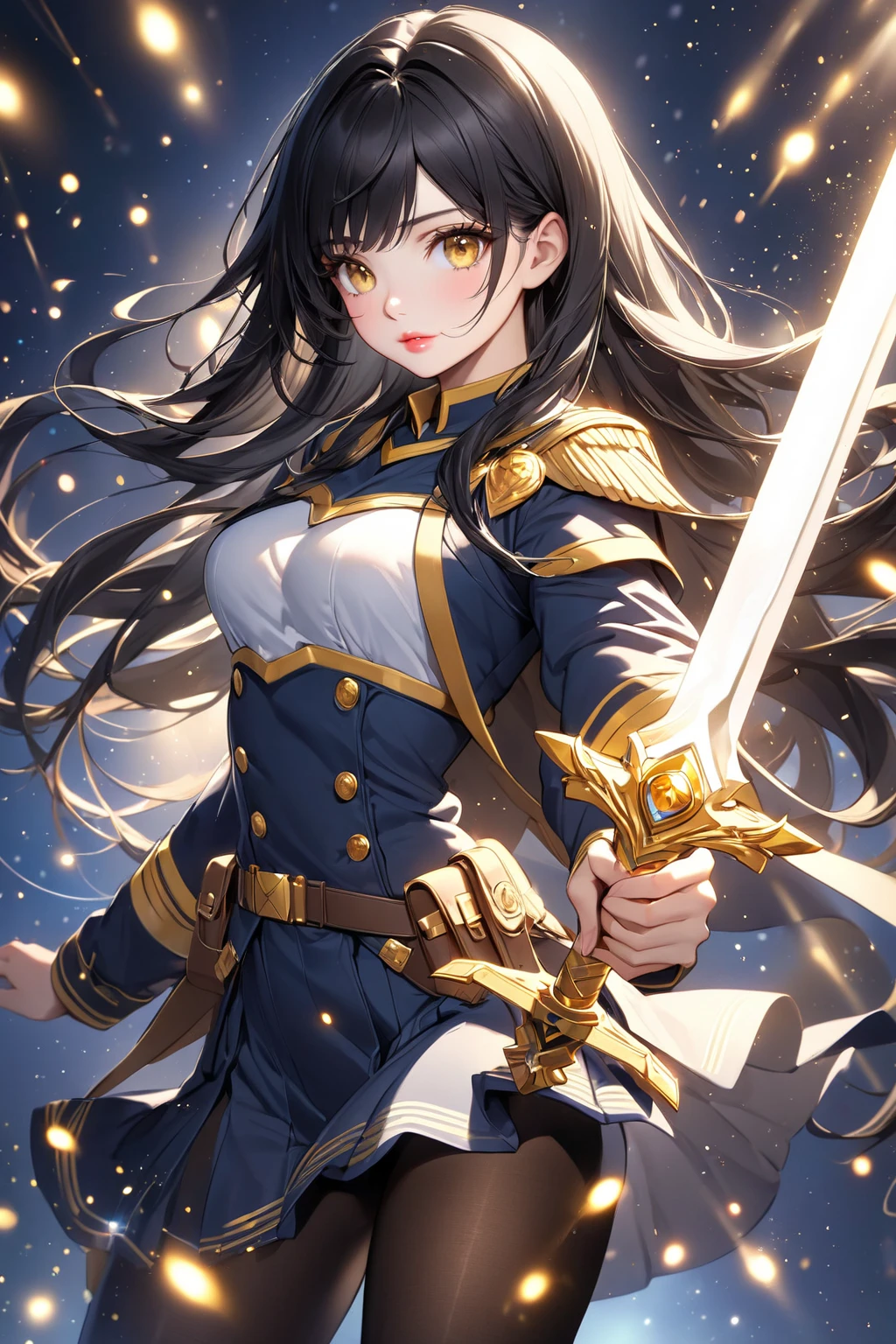 A high school girl is holding the handle of a large sword in one hand.、Delicate painting、32k、Shining eyes
