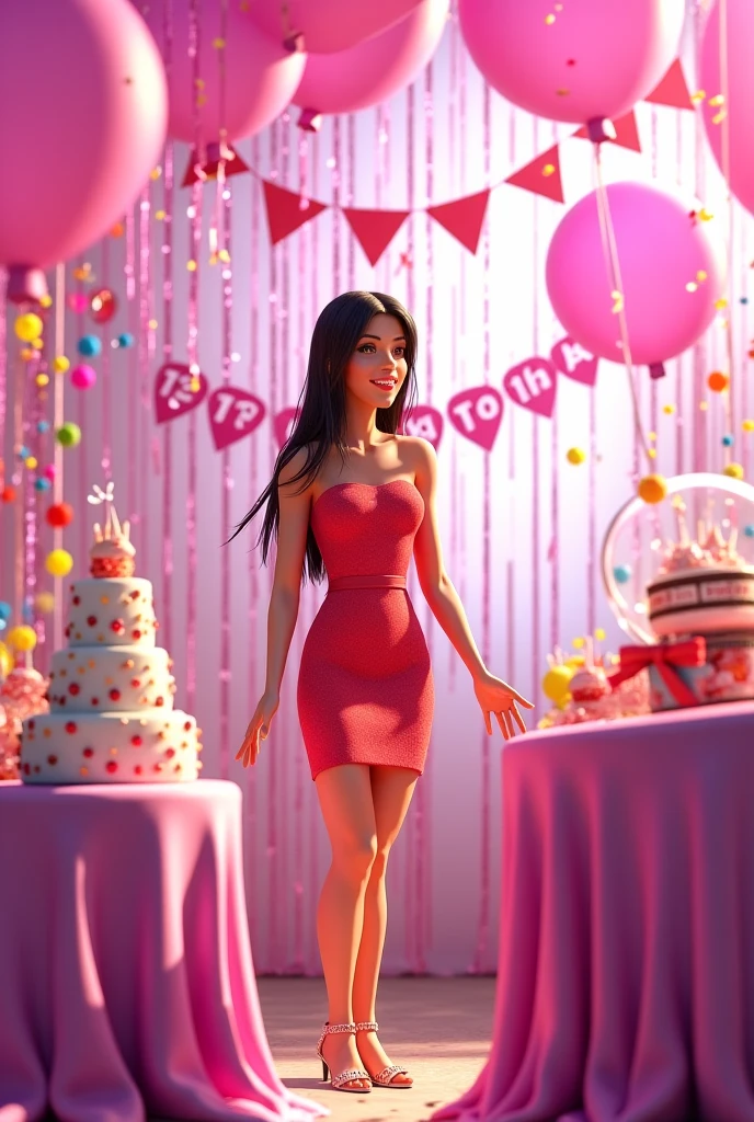 standing woman full body brown skin black hair shoulder length, wearing red birthday dress celebrating birthday, fat facing camera, behind there is writing happy birthday GERLY C