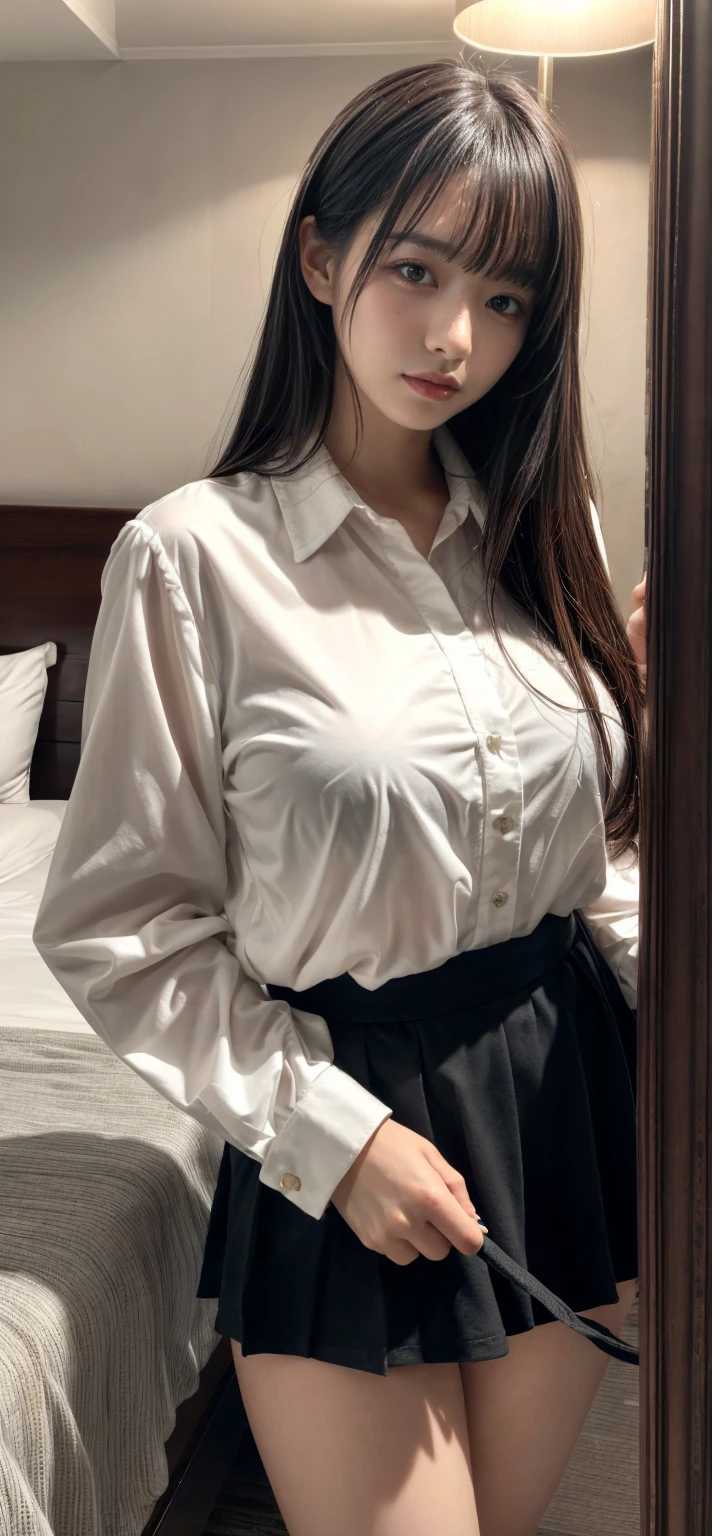 masterpiece, best quality, illustration, Super detailed, fine details, High resolution, 8K,wall paper, perfect dynamic composition,(Details High quality, realistic depiction of eyes:1.3), short bob hair, (Oversized_Shirt:1.2)、Oversized_Shirt, ((facing viewer)), hotel room, Layered Cut, black hair color, Big Natural Color Lip, sexy pose, crying a little、Harajuku style、20 year old girl、cute type、lolita, hposing Gravure Idol, full body photo, huge breasts