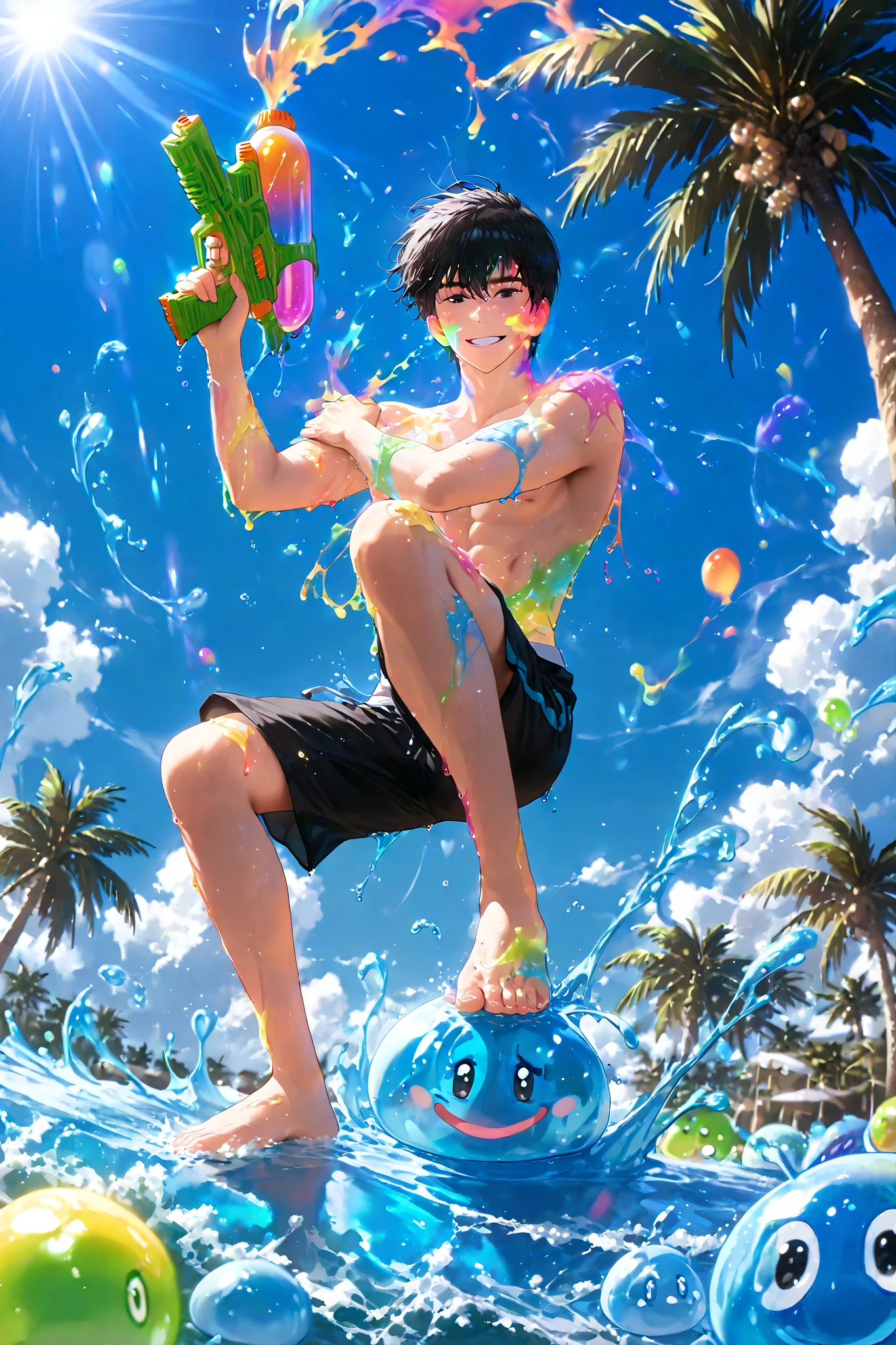 Sung Jin woo, (8k, HD), 1 boy, alone, short hair, black hair, black eyes, shirtless, black summer shorts, pleasant smile, close view, perfect face, beautiful face, at Indian street crowdy, looking at viewer, barefoot, wind, palm trees, clouds, blue sky, (water balloons), (good hands), multicoloured smile, happy, joyful, close view, sunlight falling on her, colours, slime, ((colours on her body)), ((coverd in slime)), ((holding watergun)), ((colours on her face)), Holi_Style_SDXL, ((Multicolor Smoke)), Multicolor Paint, Multicolor Powder, face coverd with slime, full body
