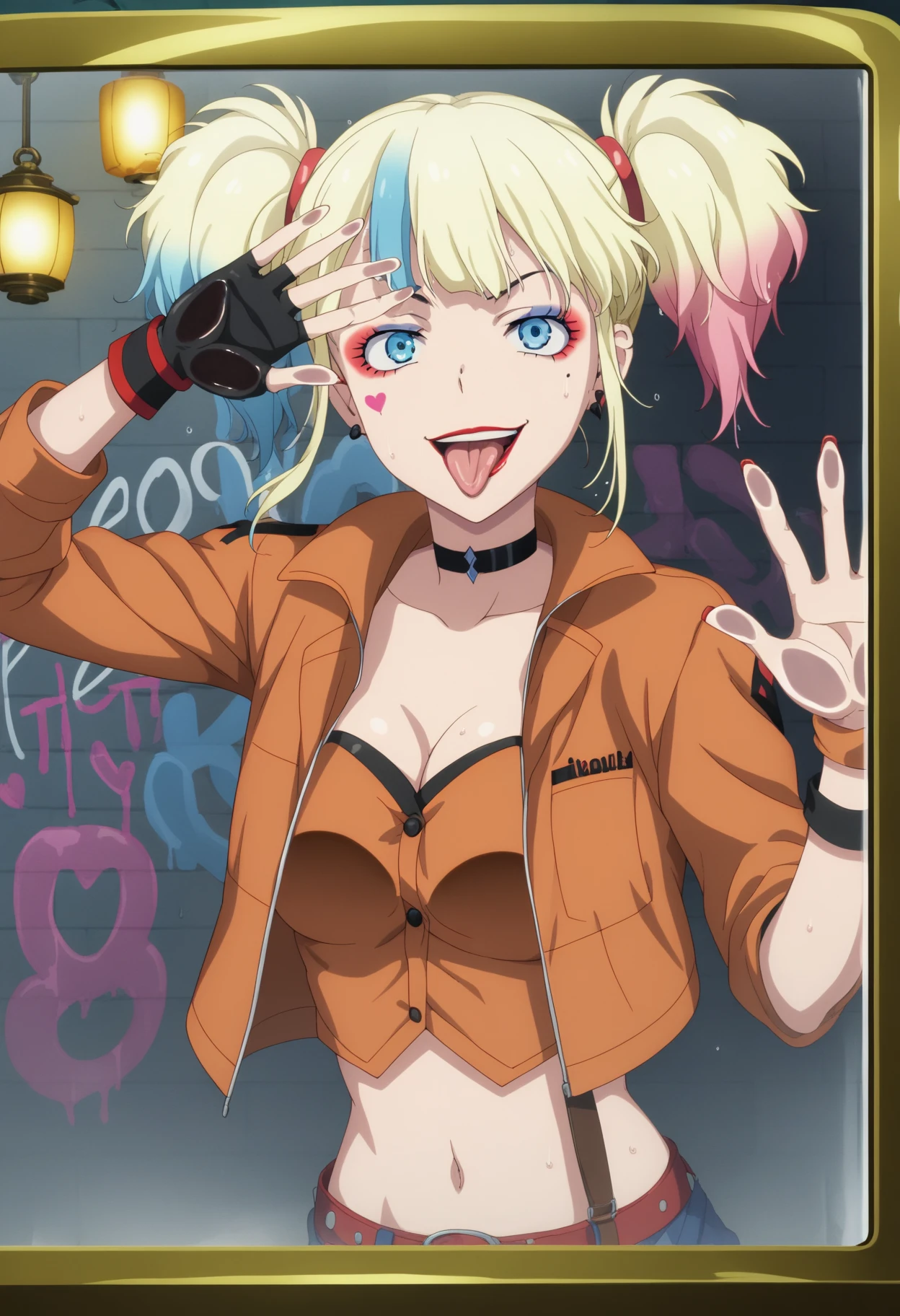 harleyquinn, <lora:harleyquinn-lora-nochekaiser:1>,
harley quinn, bangs, blue eyes, blonde hair, twintails, blue hair, multicolored hair, choker, gradient hair, makeup, piercing, pink hair, lips, lipstick, red lips, smile, grin,
BREAK thighhighs, gloves, navel, cleavage, jewelry, jacket, open clothes, shorts, black gloves, midriff, black thighhighs, fingerless gloves, collar, bracelet, open jacket, black jacket, crop top, torn clothes, short shorts, tattoo, chain, spikes, cropped jacket, spiked bracelet, spiked collar, micro shorts, multicolored jacket,
BREAK looking at viewer, full body,
BREAK outdoors,
BREAK <lyco:GoodHands-beta2:1>, (masterpiece:1.2), best quality, high resolution, unity 8k wallpaper, (illustration:0.8), (beautiful detailed eyes:1.6), extremely detailed face, perfect lighting, extremely detailed CG, (perfect hands, perfect anatomy),
