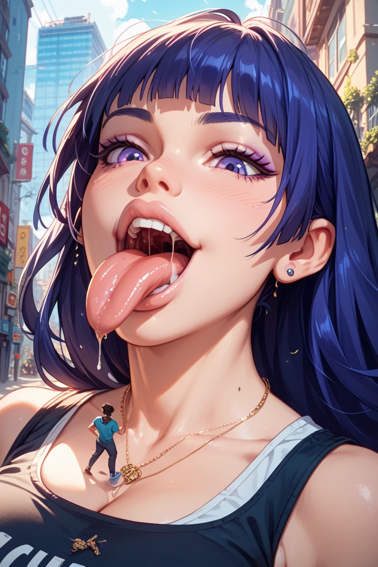 Girl with pink hair, long double-tailed hairstyle, ((small pink bushy eyebrows)),naked, lolicon (Zankuro) drawing style by zankuro artist, ザンクロー style, image uploaded to R34, girl sucking penis cum bubbling out her mouth, in a street, girl giving a deepthroat blowjob to male, multiple vignettes