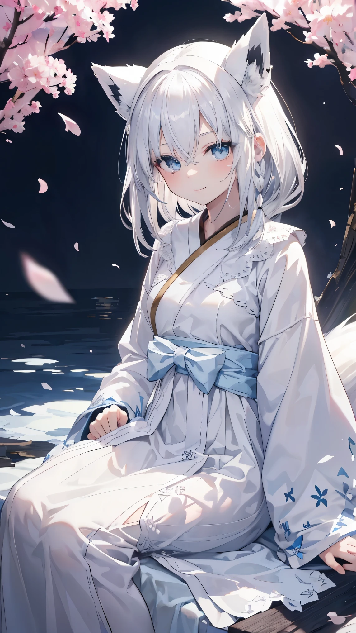 top quality、、(Whitening skin,)、 Silver Hair、light blue eyes,Petite、slender、( White Gothic Dress, frill,headband,),cherry blossoms,Tea Ceremony,smile, fox ears,Fox Tail,,toned body,prayer,