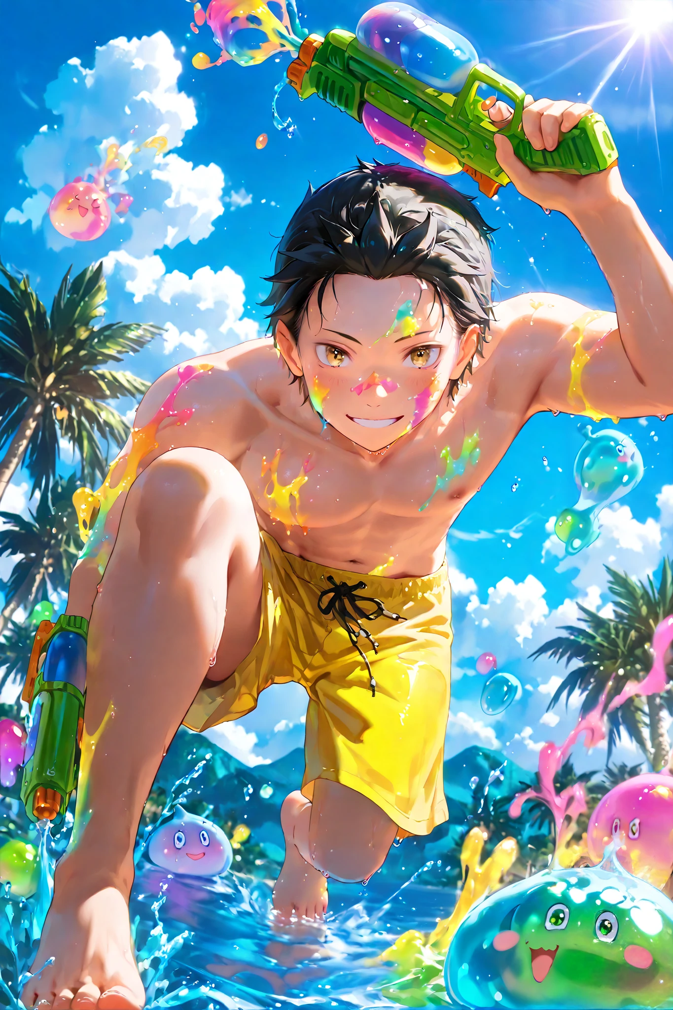 Natsuki subaru, (8k, HD), 1 boy, alone, short hair, black hair, yellow eyes, shirtless, yellow summer shorts, pleasant smile, close view, perfect face, beautiful face, at Indian street crowdy, looking at viewer, barefoot, wind, palm trees, clouds, blue sky, (water balloons), (good hands), multicoloured smile, happy, joyful, close view, sunlight falling on her, colours, slime,  ((colours on her body)), ((coverd in slime)), ((holding watergun)), ((colours on her face)), Holi_Style_SDXL, ((Multicolor Smoke)), Multicolor Paint, Multicolor Powder, face coverd with slime, full body