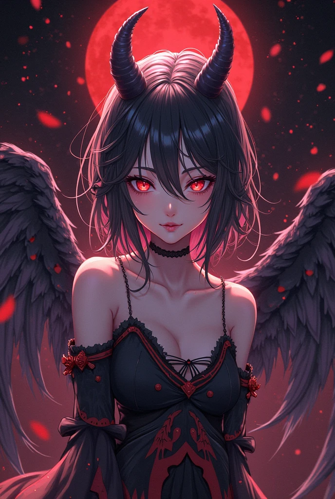 a young girl with black short hair in a ponytail, forehead bangs, angel halo, demonic horns, vibrant multicolored eyes, pointed ears, smiling, conceptual art, realism, chiaroscuro, anatomically correct, smooth skin