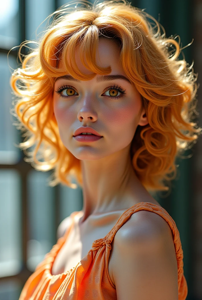 a 13 year old girl with white jade eyes and curly yellow hair