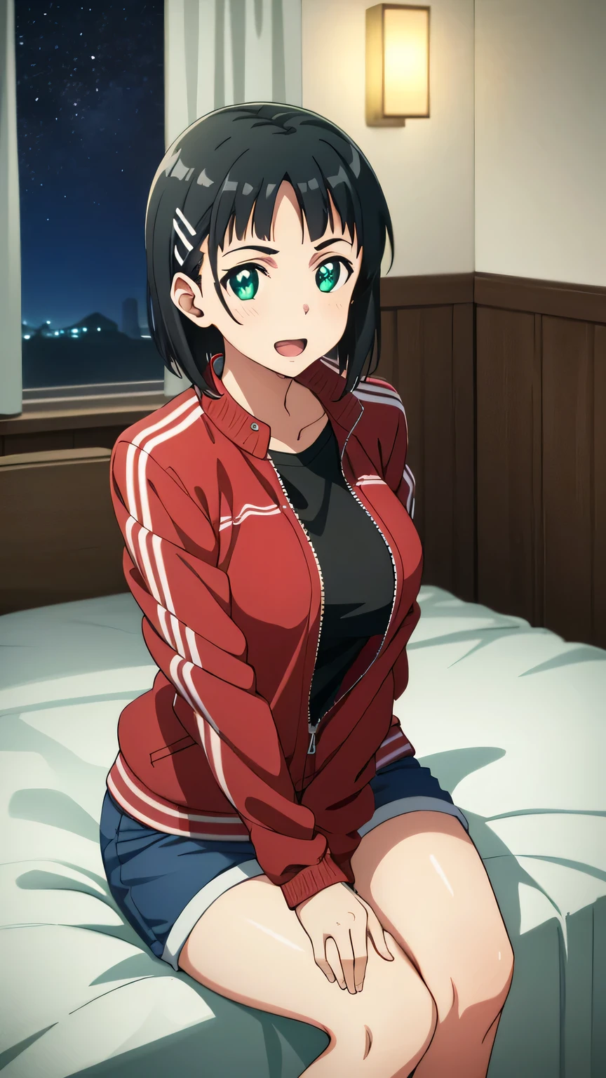 {{{masterpiece}}}, (best quality:1.5), (ultra-detailed:1.5), {illustration}, {{an extremely delicate and beautiful}}, (beautiful detailed eyes:1.6), absurdres, highres, extremely detailed face, 16k, hd, visual anime de uma jovem mulher, extremamente bonito rosto de anime, anime melhor garota, (perfect hands, perfect anatomy), anime face, suguha kirigaya(Sword Art Online), 1girl, solo, cute face, short hair, black hair, bangs, hair ornament, hairclip, (green eyes:1.3), big breasts, big hips, curvaceous, thighs, BREAK, gym skirt, (red jacket:1.2), track jacket, jacket tuck out, shirt, (black shirt:1.2), dolphin shorts, blue shorts, short shorts, BREAK, night, indoor, bedroom, on the bed, window, moonlight, open mouth, smiling, confession, embarrassed, flushed cheeks,from front, looking at viewer, dark room, covering chest by one hand, knees together feet apart, sit