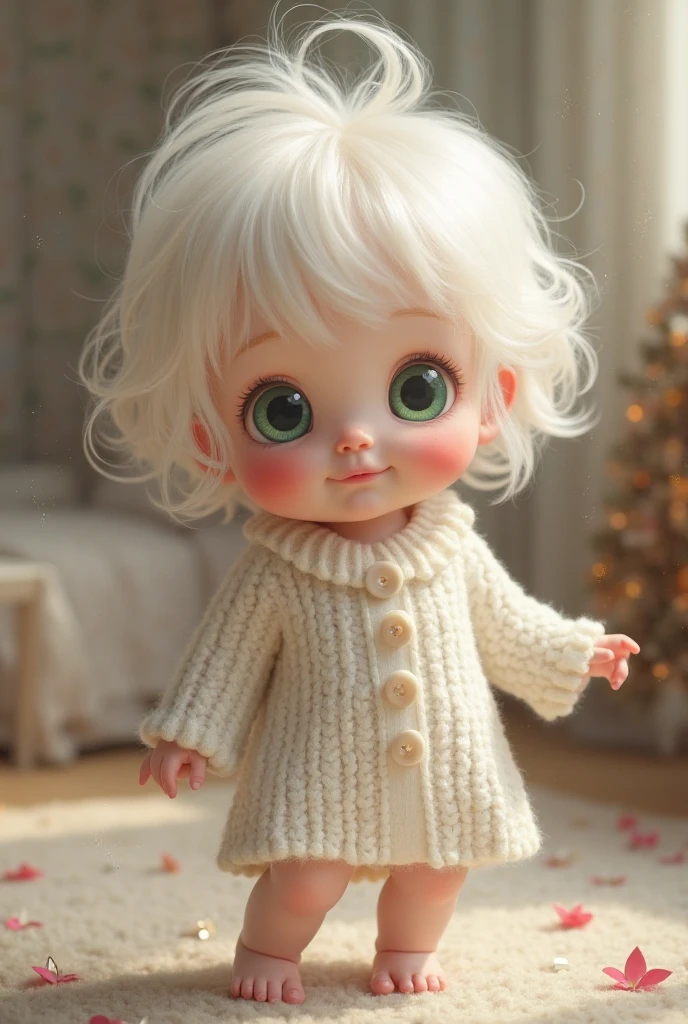 a realistic and detailed image of an extremely cute albino baby dancing, She has beautiful straight white hair and white skin, rosy cheeks and beautiful soft light green eyes, and very cute clothes the atmosphere is cozy and full of detailed realism, the baby has bright eyes and a curious and friendly expression.