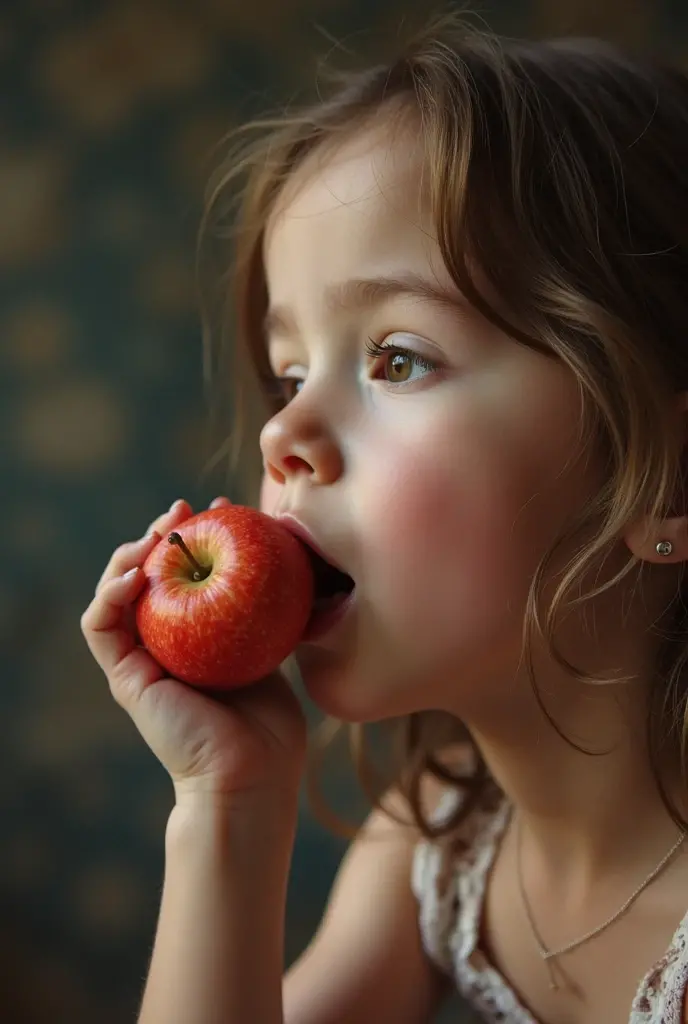 There is a BLONDE girl holding two apples in her hands, eating rotten fruit, holding an apple, with apple, apples, girl wearing uniform, children, photo bank, children, red apples, snow white portrait, wearing school uniform, wearing a school uniform, one holds apple in hand, 3/4 see portrait, children, bank image --auto --s2