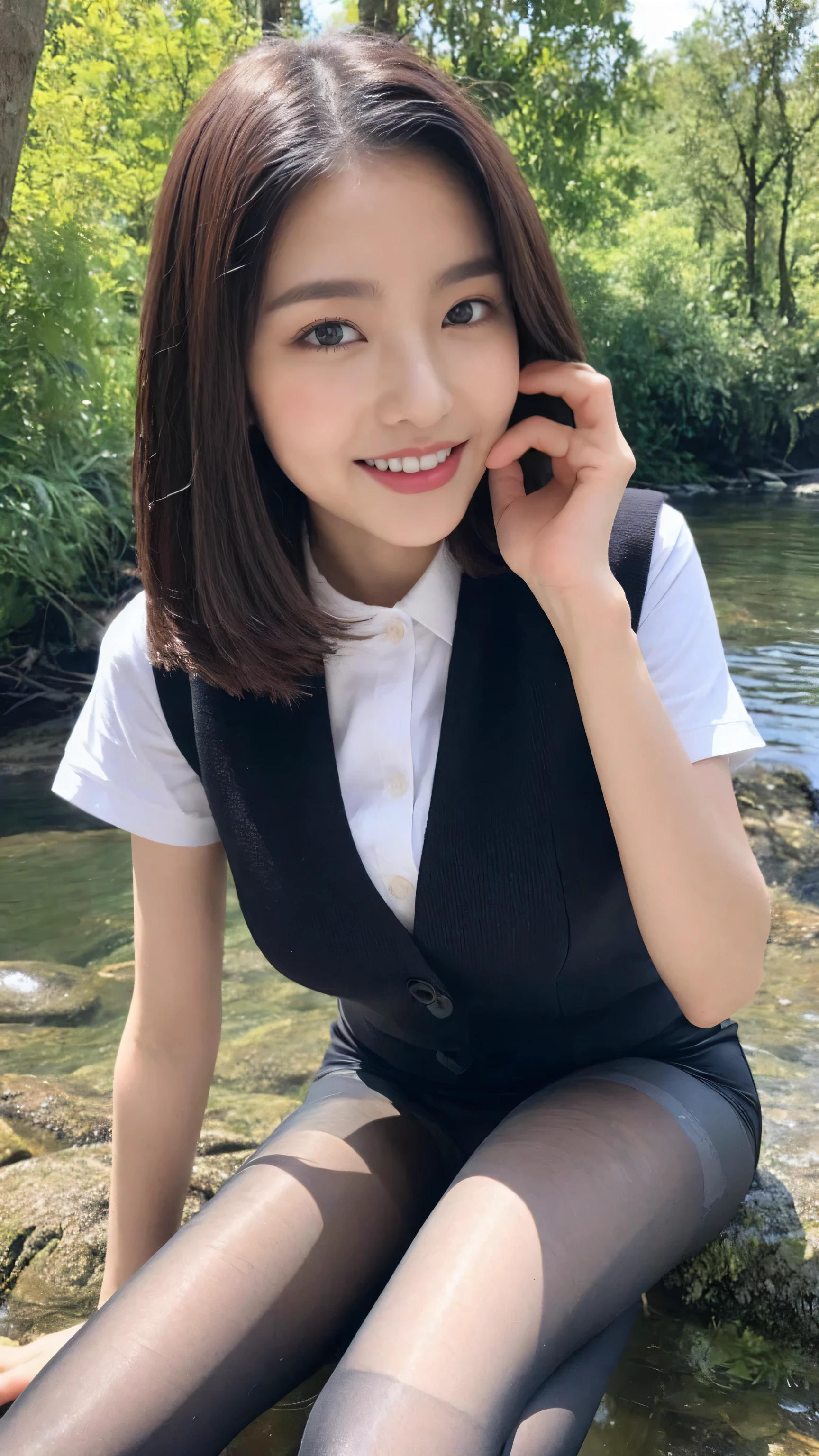 ((top-quality、8k、masterpiece:1.3))、1girl in、a smile、full bodyesbian、Slim Faces、Pretty women、(dark brown hair)、校服:1.1、hyperdetailed face、A detailed eye、二重まぶた、blured background、Slim Faces、城市、takeout、a street、(short-hair:1.3)、(Sports Socks)、espadrilles