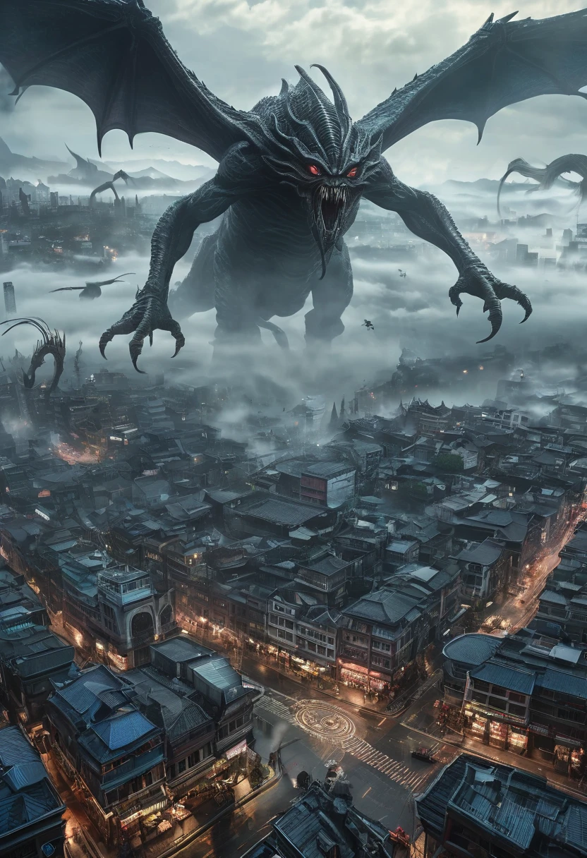 a picture taken from a high angle of a city with a giant alien flying over it, a creature 5 meters tall, one a demon-like creature, one a demon - like creature, wraiths riding in the sky, giant ethereal creature, scary creatures in background, mysterious creature, elden ring monster, big titan creature in the center, the background is misty