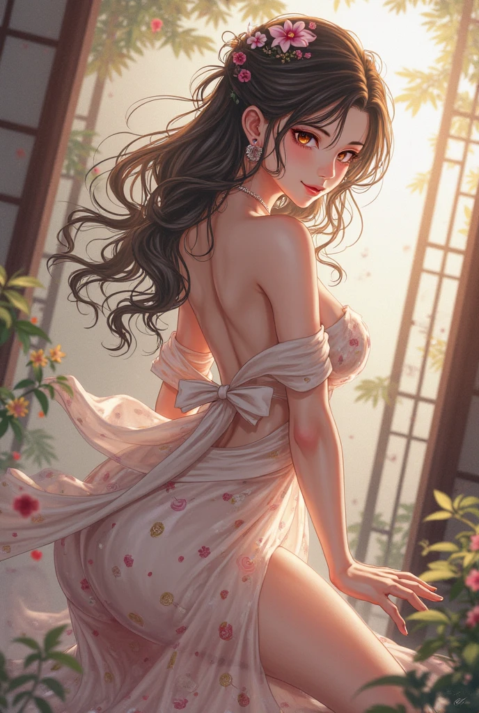 nsfw, ((1girl)), ((masterpiece)), realistic, ((highly detailed:1.3)), princess bathing in a marble tub, ((long brown hair)), wet hair, wearing a sheer bathrobe, bathing, ivorygoldai, royal palace bathroom setting, steam, ornate marble tub, (rose petals floating in water:1.3), early morning light, windows, crepuscular lighting, dynamic pose, dynamic angle,