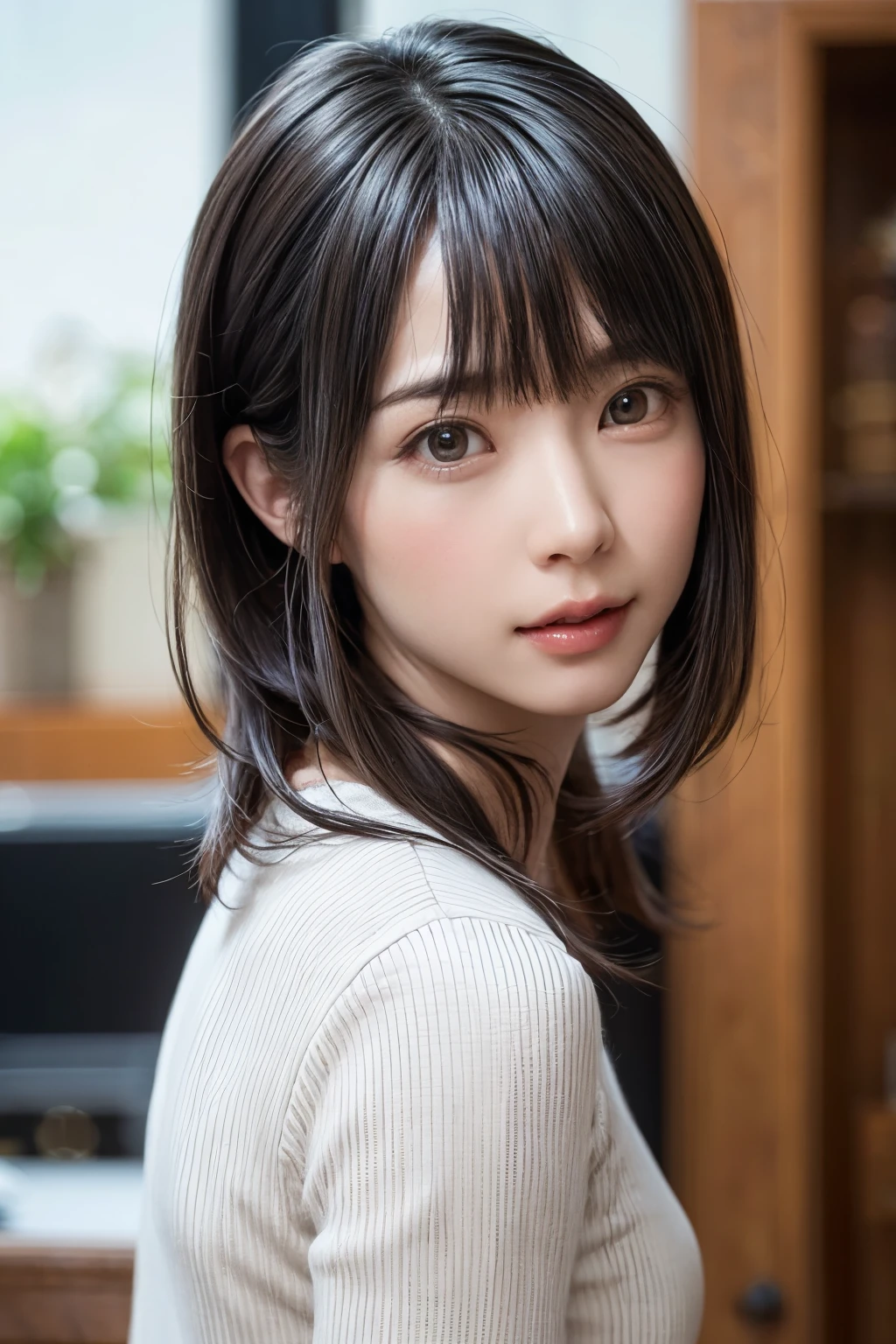(1 nogizaka girl,raw photo,photo realistic:1.5),(best quality, high quality,HDR, highest quality,ultra high resolution,high resolution,high res,ultra high difinition,huge file size,8K,2K wallpaper,8K wallpaper,high quality texture,amazing,an extremely delicate:1.4),one girl, Japanese famous idol,beautiful face,small face,absurd,ridiculous,incredibly ridiculous,blurry background,(cleavage,no makeup:1.2),medium skin,beautiful skin,detailed skin,black hair,silky hair,(Japanese eyes:1.3),detailed eyes,black eyes,Japanese idol eyes,triangle eyes,Japanese nose,5-fingers,(Light Particles, Lens Flare, Luminous Particles: 0.7),looking at viewer,bright lighting,professional lighting,girl