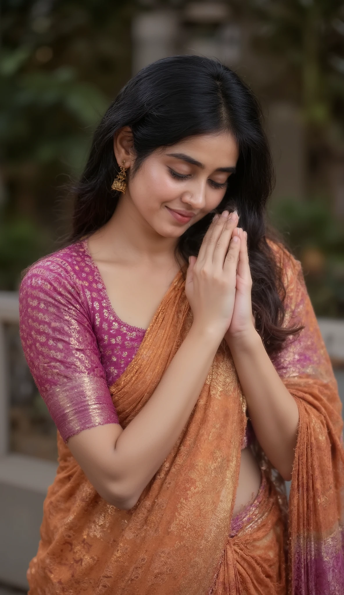 A Sri Lankan young woman gracefully greeting with the 'Ayubowan' hand gesture, palms pressed together near her chest, slightly bowing her head with a warm smile. She is wearing a sheer batik saree with intricate patterns in earthy tones, flowing softly around her. Her long hair is neatly styled, and subtle jewelry enhances her traditional look. The softly blurred background hints at a serene, tropical setting, emphasizing the cultural richness and elegance of the moment.
