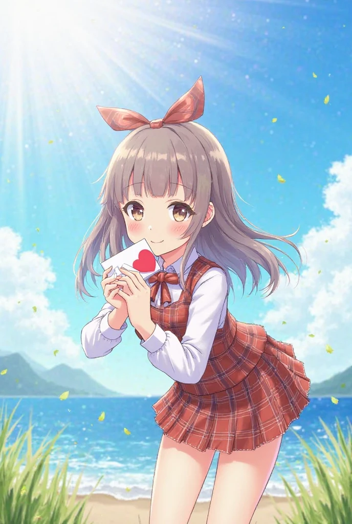 masterpiece, high quality best quality,1girl, bangs, beach, blue_sky, blush, bow, breasts, checkered, checkered_shirt, checkered_skirt, cloud, cloudy_sky, collarbone, day, envelope, giving, grass, hair_bow, heart, holding, holding_letter, horizon, incoming_gift, kazami_yuuka, leaning_forward, lens_flare, letter, light_rays, long_hair, looking_at_viewer, love_letter, mountain, mountainous_horizon, ocean, outdoors, plaid, plaid_background, plaid_bikini, plaid_bow, plaid_bowtie, plaid_bra, plaid_dress, plaid_headwear, plaid_jacket, plaid_legwear, plaid_necktie, plaid_neckwear, plaid_panties, plaid_pants, plaid_ribbon, plaid_scarf, plaid_shirt, plaid_skirt, plaid_vest, pov, shirt, skirt, sky, smile, solo, sun, sunbeam, sunlight, tree, unmoving_pattern