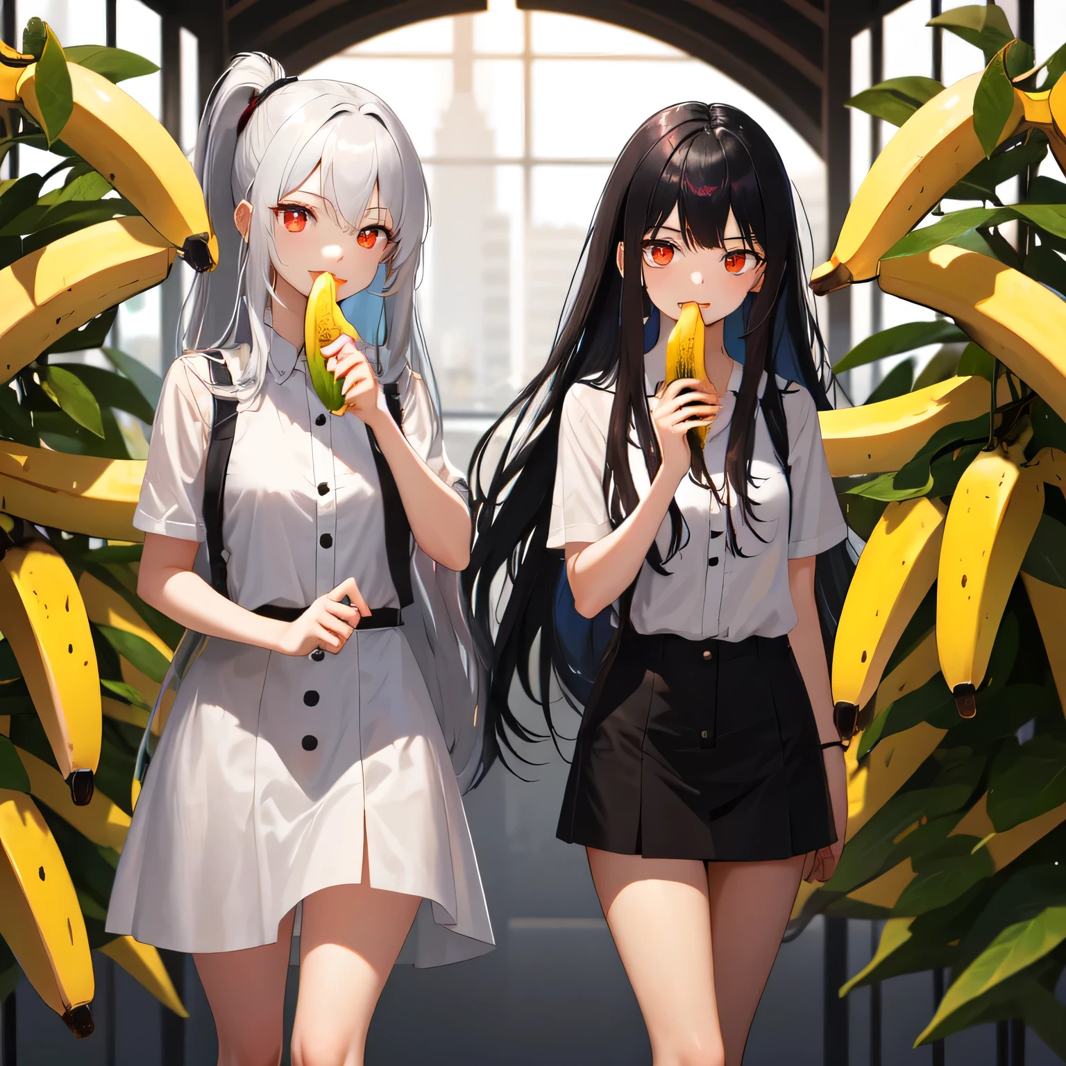 She is holding a banana with its peel partially removed, revealing the white fruit inside. She is eating the exposed white part. Long hair, black hair, red eyes.