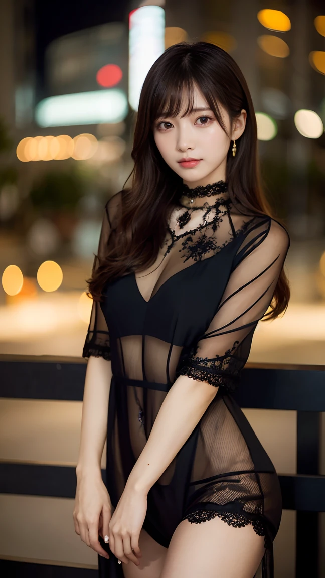 ((Highest quality, 8k, masterpiece :1.3)), One girl, smile, whole body, Slim face, Beautiful woman, (Dark brown hair), Full-length dress :1.1, Ultra-realistic pantyhose、Highly detailed face, Detailed eyes, double eyelid, Blur the background, Slim face, Night garden、Silence、Feeling of love、