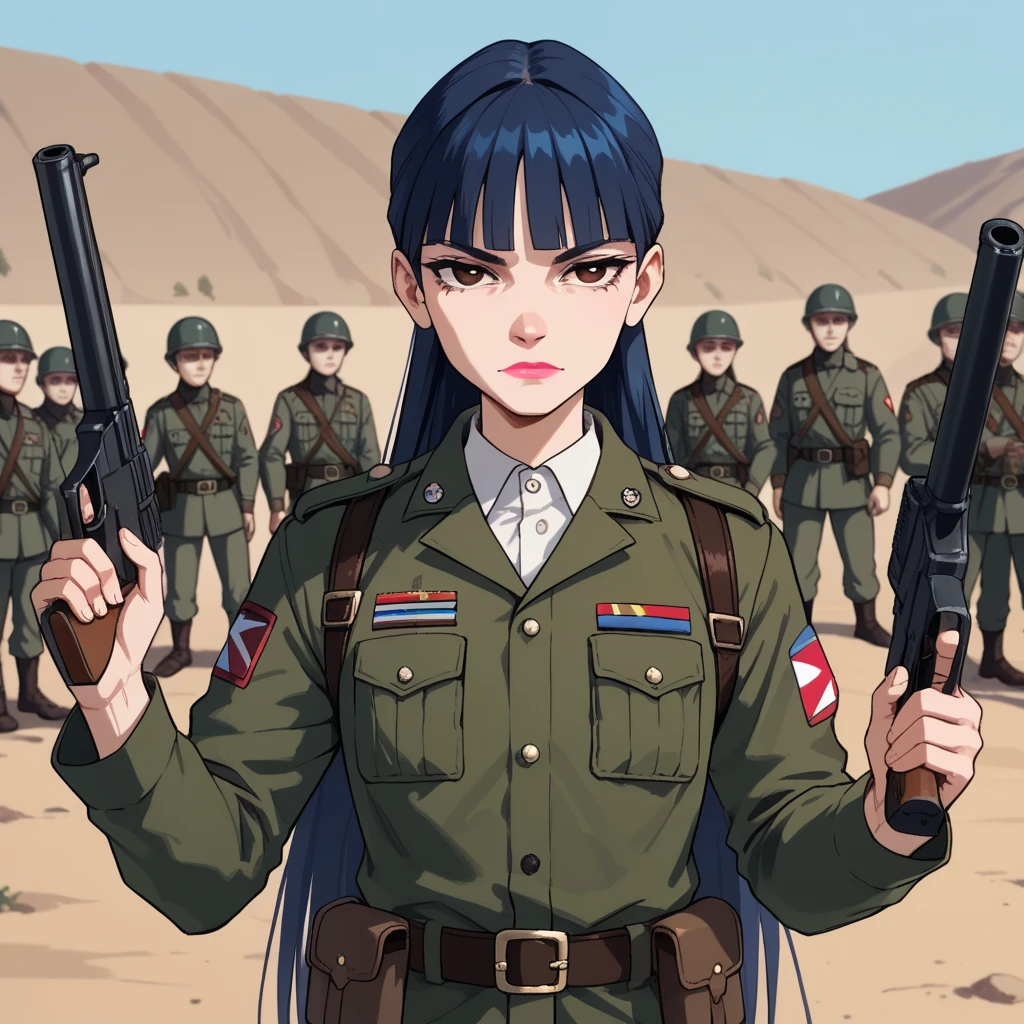 (high quality), xmusax, 1girl, (mature anatomy) slim body, slender body, young woman body, dark brown eyes, dark blue hair, long hair, blunt bangs, lipstick, fair pale skin, holding weapon, Palestinian soldier, reality war, soldier outfit, holding gun, war, milarity, narrowed eyes, ((detailed eyes))