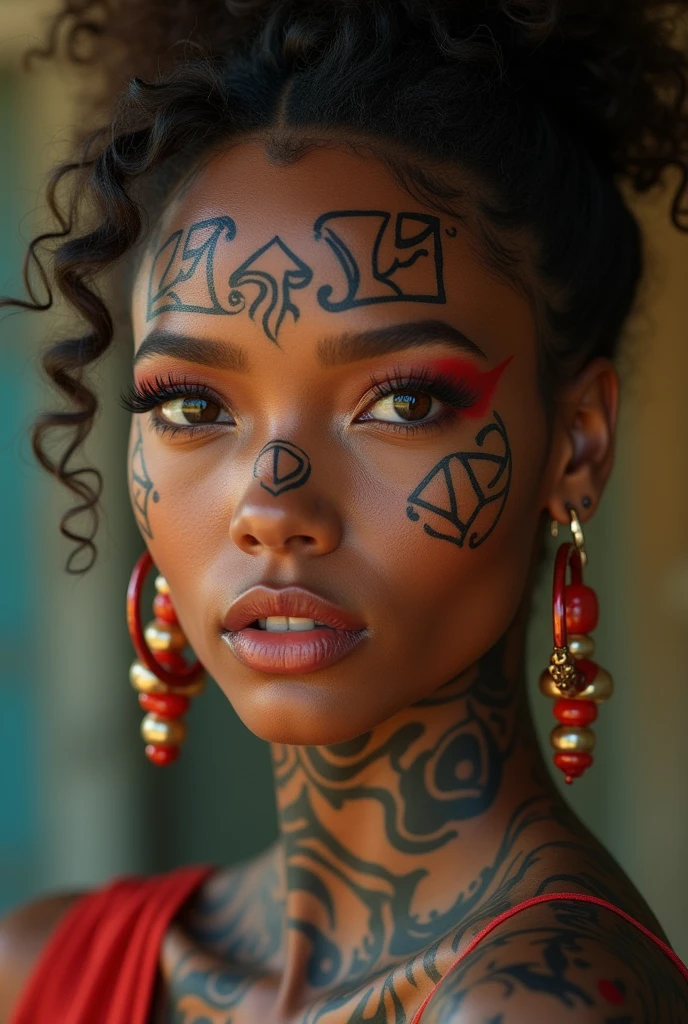 1closeup de uma garota  18 anos tatuada no rosto todo ((AFRO AMERICANA)), ((cabelo curto e liso com franja)), sorrindo,((with various tattoos on his face)),( fleshy lips)olhos grandes,sardas no rosto ,batom vermelho,( pircing on the lip),colar, brinco, e maquiagem, Angle of the face up close, Looking at camera
