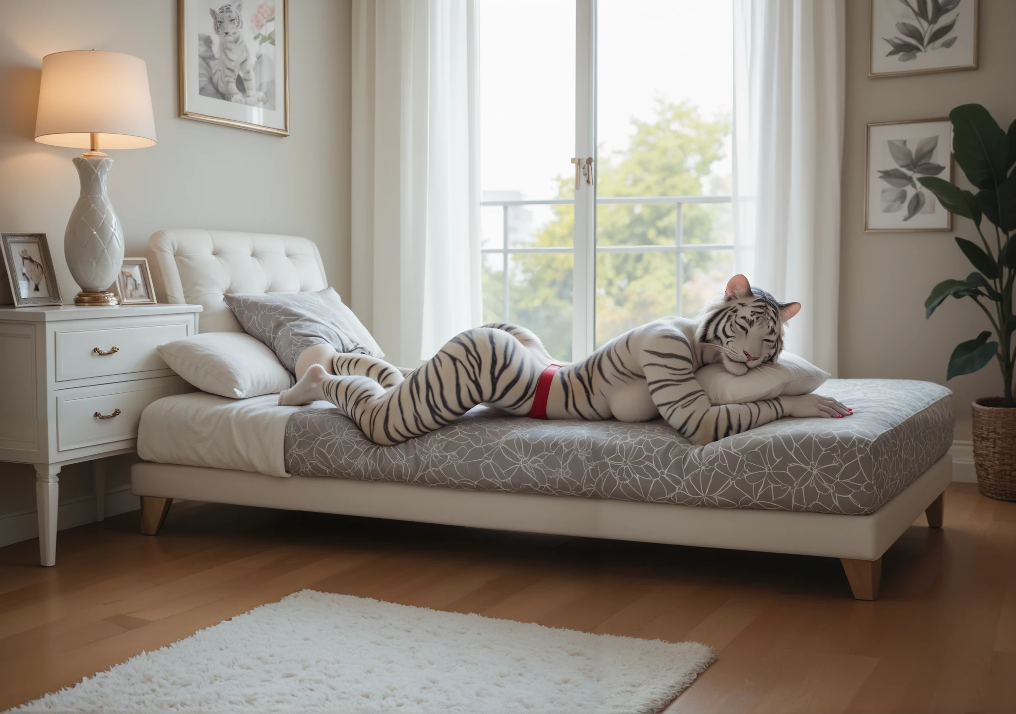 Cute Cat、On the cushion、sleeping with your front legs extended and your face buried in between、standing on all fours、A gray and white tiger pattern cat、Anthropomorphic cat、Bright and luxurious room