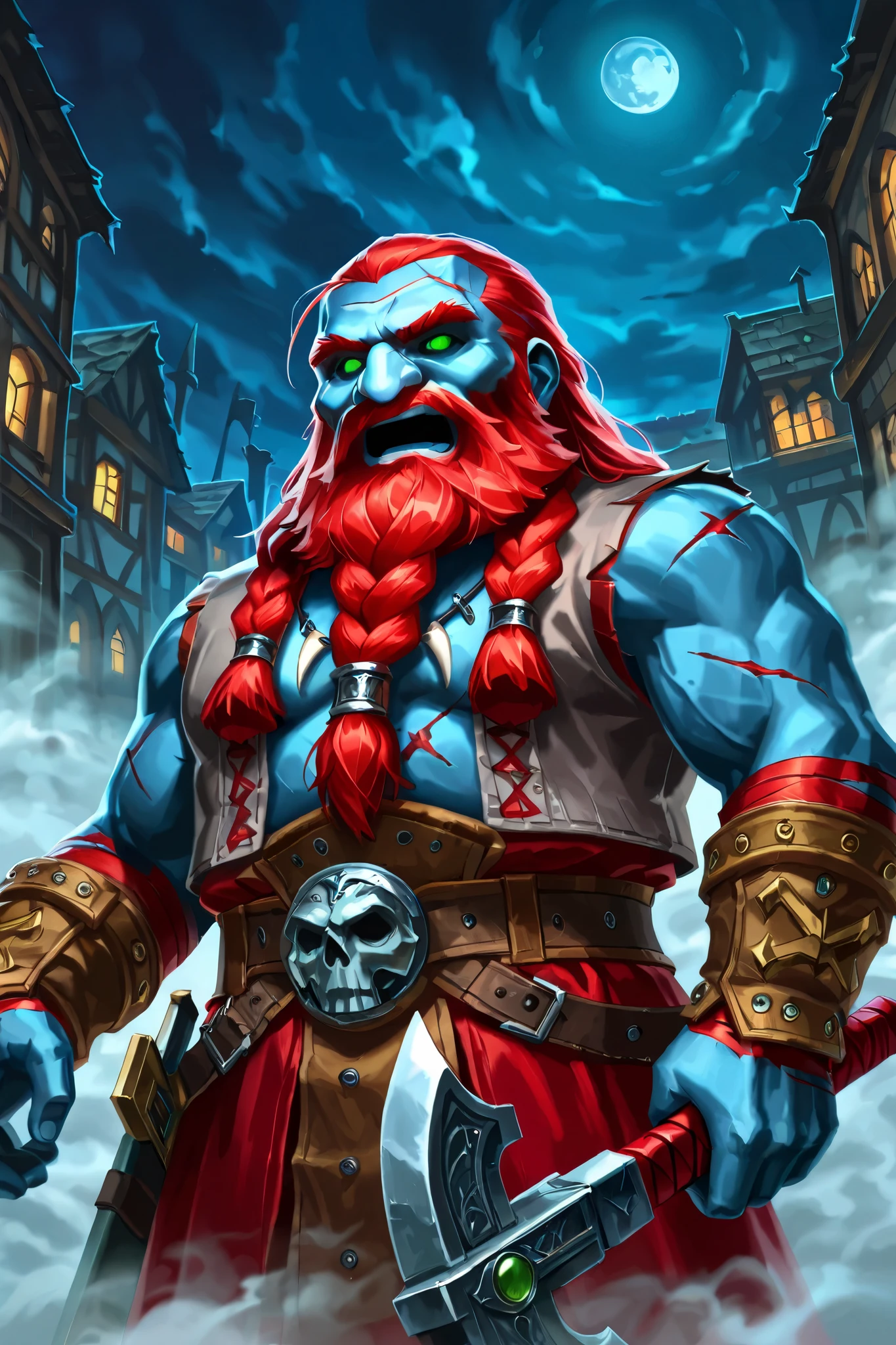 dwarf, big nose, short stature, male, (pale blue skin, decayed,undead) dark green eyes, red braided beard, bare chest, sword wounds on chest, sharktooth necklace, wearing grey vest, grey breeches, holding a handaxe, (standing outside a colonial town center near coast, night scene, thick fog), [[18th century clothes, pirate era clothing]], [wrathful, mad], open mouth,  fantasy art, revenant, dungeons and dragons, close up, npcp