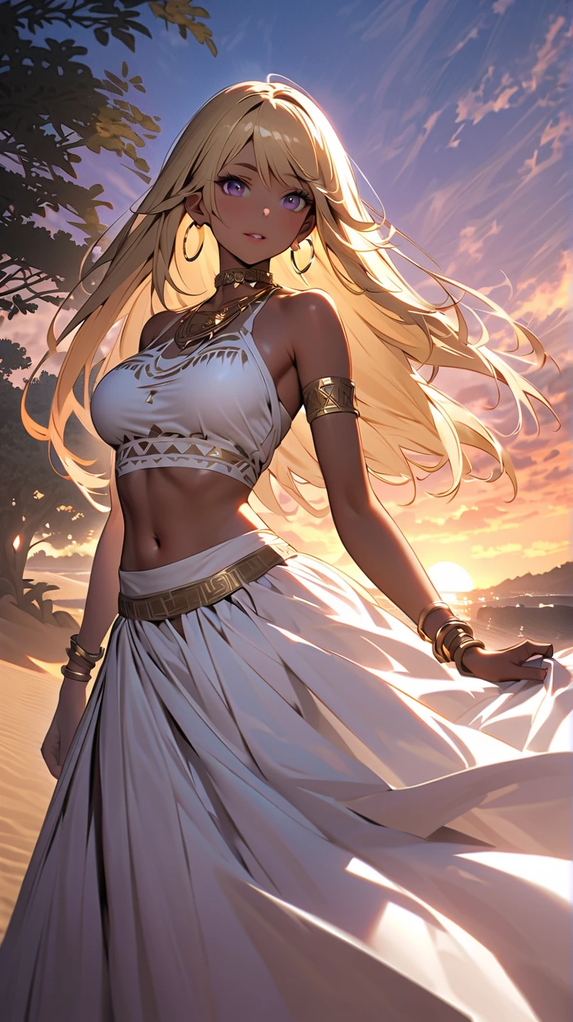 Man with ash blonde hair, with an ancient spear, dancing with the wind, with egyptian clothes, long hair, sharp blue eyes, and tanned skin