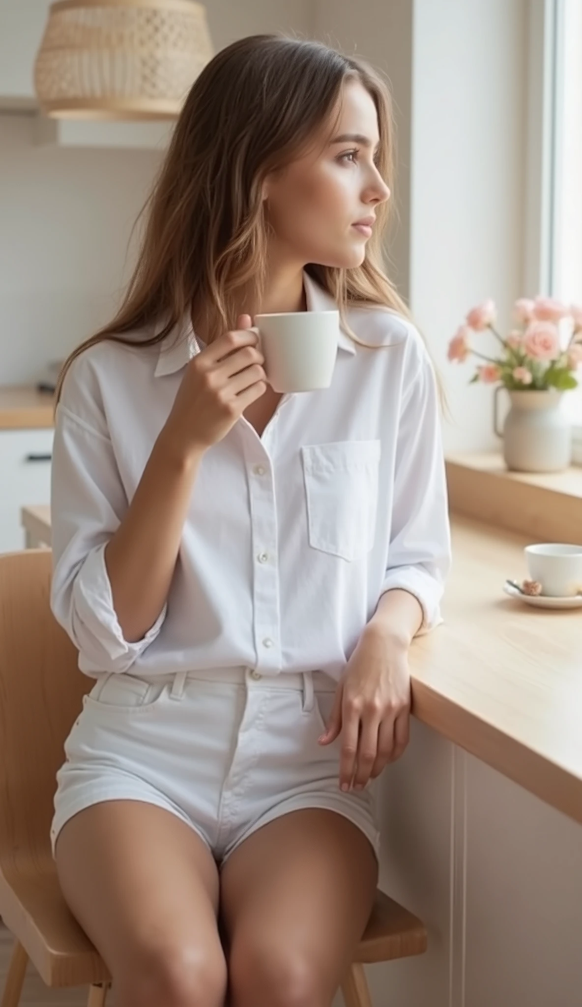 SFW, full-length photo, 8k, realistic lighting, Morning atmosphere, soft natural light from the window.
Girl: Young woman 25 years old , slim , with natural wavy hair, minimal makeup and a light smile. Dressed in a loose white shirt (shorts that slightly slide off her shoulder) and lightweight, creating a feeling of morning comfort.
room: Modern Scandinavian-style kitchen: light wooden surfaces, minimalist furniture , Cozy atmosphere. There is a cup of coffee on the table, there is a vase of flowers nearby. There is a feeling of fresh morning in the air.
posing: Girl стоит у кухонного стола, holding a cup of coffee in one hand and looking out the window. Her posture is relaxed , conveying morning calm and comfort.
