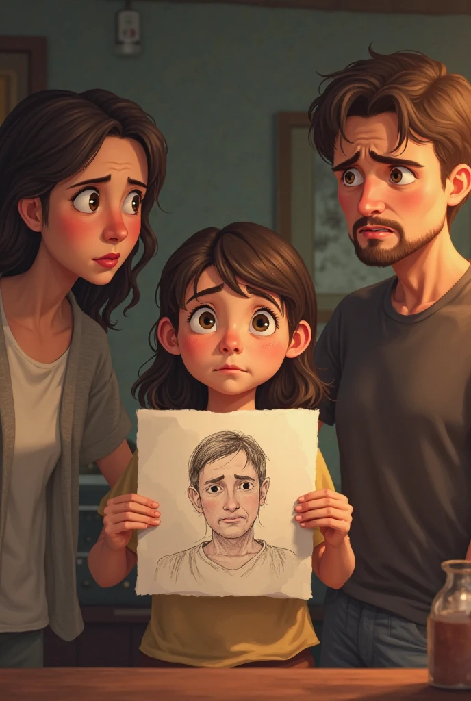 Girl of approximately talking to her father and mother scared