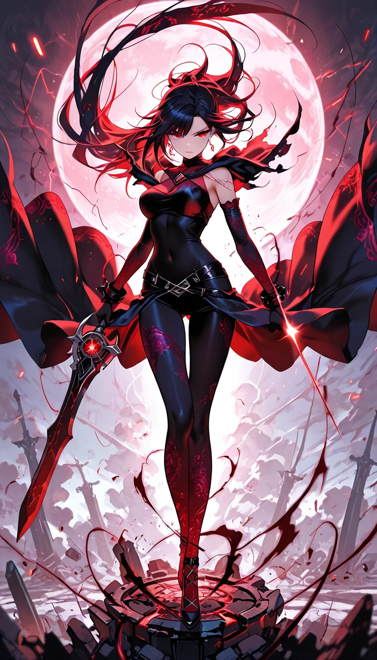cyberpunked、Gothic fashion、Blue eyes、Red lips、red hairs、beauty legs、sexypose、Seduction Pose、Crimson Cloak、Gothic dresses、micromini skirt、Small Panties、Cameltoe、(((Flying kick while shooting a gun)))、(Full moon in the background)、(The background is a cyber city)