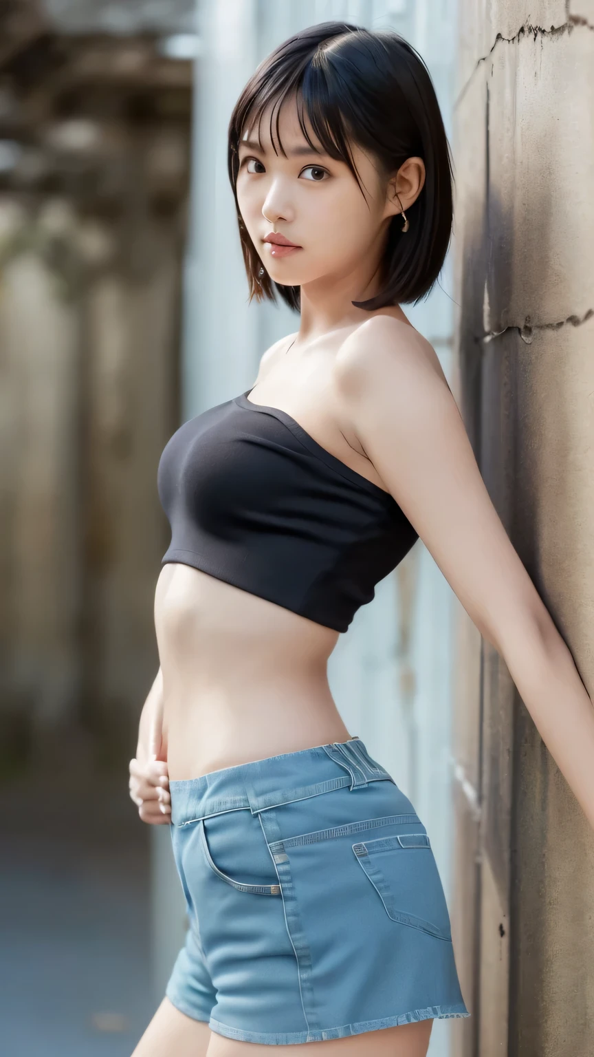  A's face photo 、the most beautiful Japanese models、(  female model :1.5)、( young、round face、Kind Face:1.25)、droopy eyes、Double eyelids、(bungs 、    black hair  、  short hair、   straight hair )、  in the coal mine without makeup 、(( tube top :1.5))、(tube top with a heart-shaped hole in the chest :1.2)、(( underbust:1.5))、( super cute idol face taken from UE:1.4)、( Slim Beauty )、((thin、 Slender Body 、Too thin body、thin:1.2)、( flat at honny、length, thin、      narrow shoulder、 small shoulders 、thin arms、  Medium Breasts   、beautiful breasts、   beautifully shaped breasts 、Thin stomach、delicate、 Flat at honny body )、(belly button、belly button:1.2)、((belly button:1.0))、    waistline  、  sexy、     Modest Chest  、Glowing Chest 、 、( micro shorts :1.5)、(Wear super short denim shorts  :1.2)、Cut in denim shorts、thin、Thin Fabric、Lowered bread、panties like panties、Jeans Material、Low waist、Lowered bread、  Focus on Your FACE  、  People Stared Closely、Hot Eyes  、(RAW photo、 best quality 、masterpiece、  、  、8k、Genuine)、 waist swaying pose、((bend your lower back))、Field、 clear、 orbital space、nature、