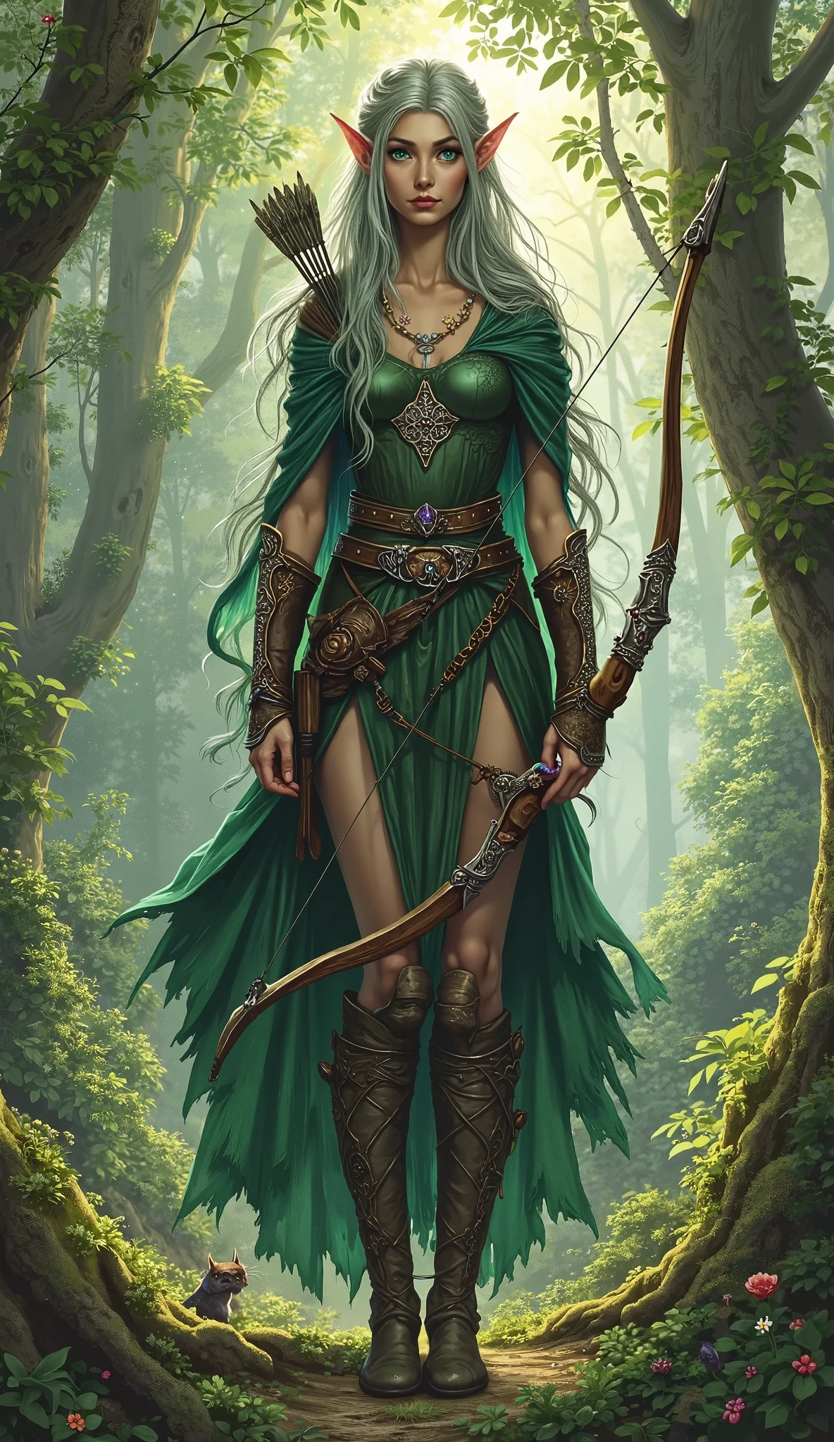 ((full body illustration)), high definition|quality|contrast. Fantasy art. an woman warrior holding a staff, ((attack pose)), looking at the viewer, Eastern traditional combat costume in shades of green, tattoo on her leg, (swirl of leaves around her:1.5), wind. her body emanates an energy of peace and strength that emits white and green colors of peace and strength.This energy that radiates around her protects her against an evil spirit. soft ambient light, fractal fantasy dream background.