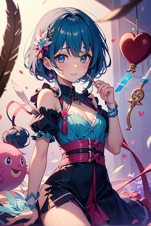 (masterpiece:1.2), (best quality:1.2), perfect lighting, Dark magician girl casting spell, floating in the air, big , neckline, magic background. Transparent heart in the air, blue robe, large hat, from above, sparkling, Yu-Gi-Oh cards in the background