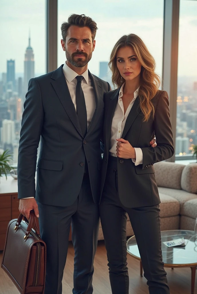 man and woman, hair light, gray eyes, closed dress, business suit, Fashion of the 1940s