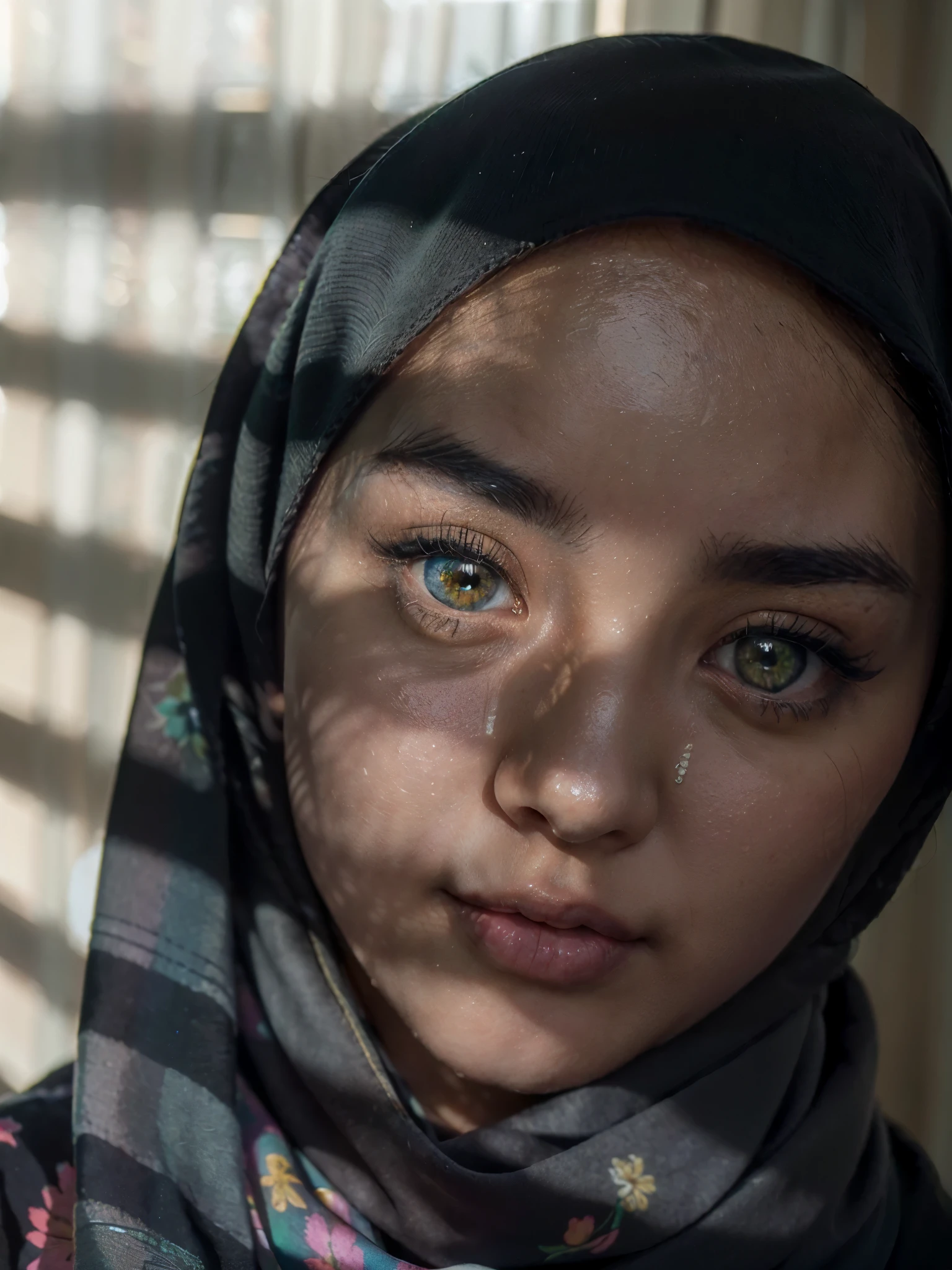 top-quality close-up portrait, ((Beautiful korean girl, wearing floral pashmina hijab, black color shirt, oversized shirt, longsleeve):1.5), bewitching face, ((idols likeness):1.4), ((beautiful detailed eyes, cute greenish eyes, beautiful detailed lips, sharp nose, detailed face, oval face shape, flawless):1.3), ((Elegant looks:1.3)), mesmerizing expression, allure gaze, ((slim body, slender body posture, soft and smooth skin, natural skin tone):1.4), ((attractive girls, cute pose near the window):1.42),Detailed smooth photorealistic, stares at the camera, ((artistic window shadow background, cozy atmosphere):1.3), ((vivid colors, cinematic lighting photon mapping, high contrast, intricate details, perfect composition, artistic photograph, 8k, smooth photorealistic, masterpiece):1.3), ((closeźup angle, seen from forward):1.2))
