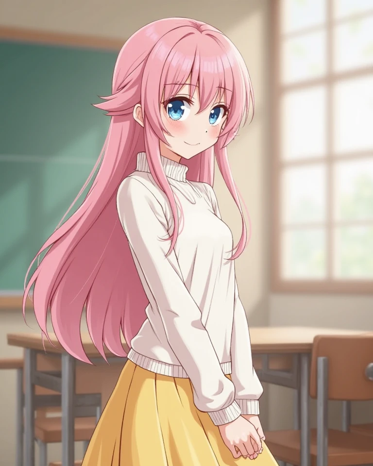 create anime image (sideview) of a beautiful 19 year old girl with pink long hair, blue eyes and wearing a white longneck sweater, short yellow skirt, she is standing and is bowing respectively (japanese bow). Background is blurry classroom.