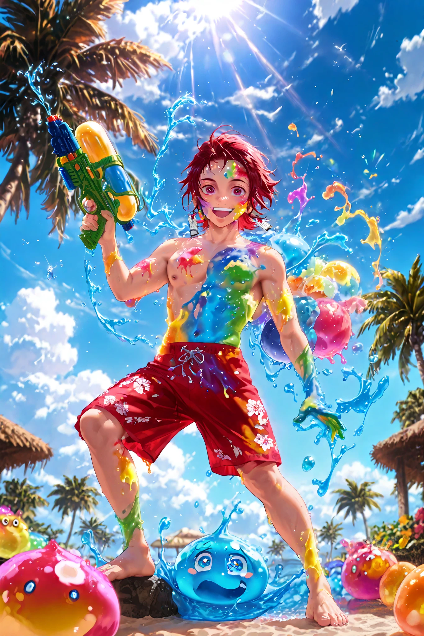 Tanjiro kamado, (8k, HD), 1 boy, alone, short hair, red hair, red eyes, shirtless, red summer shorts, pleasant smile, close view, perfect face, beautiful face, at Indian street crowdy, looking at viewer, barefoot, wind, palm trees, clouds, blue sky, (water balloons), (good hands), multicoloured smile, happy, joyful, close view, sunlight falling on her, colours, slime, ((colours on her body)), ((coverd in slime)), ((holding watergun)), ((colours on her face)), Holi_Style_SDXL, ((Multicolor Smoke)), Multicolor Paint, Multicolor Powder, face coverd with slime, full body