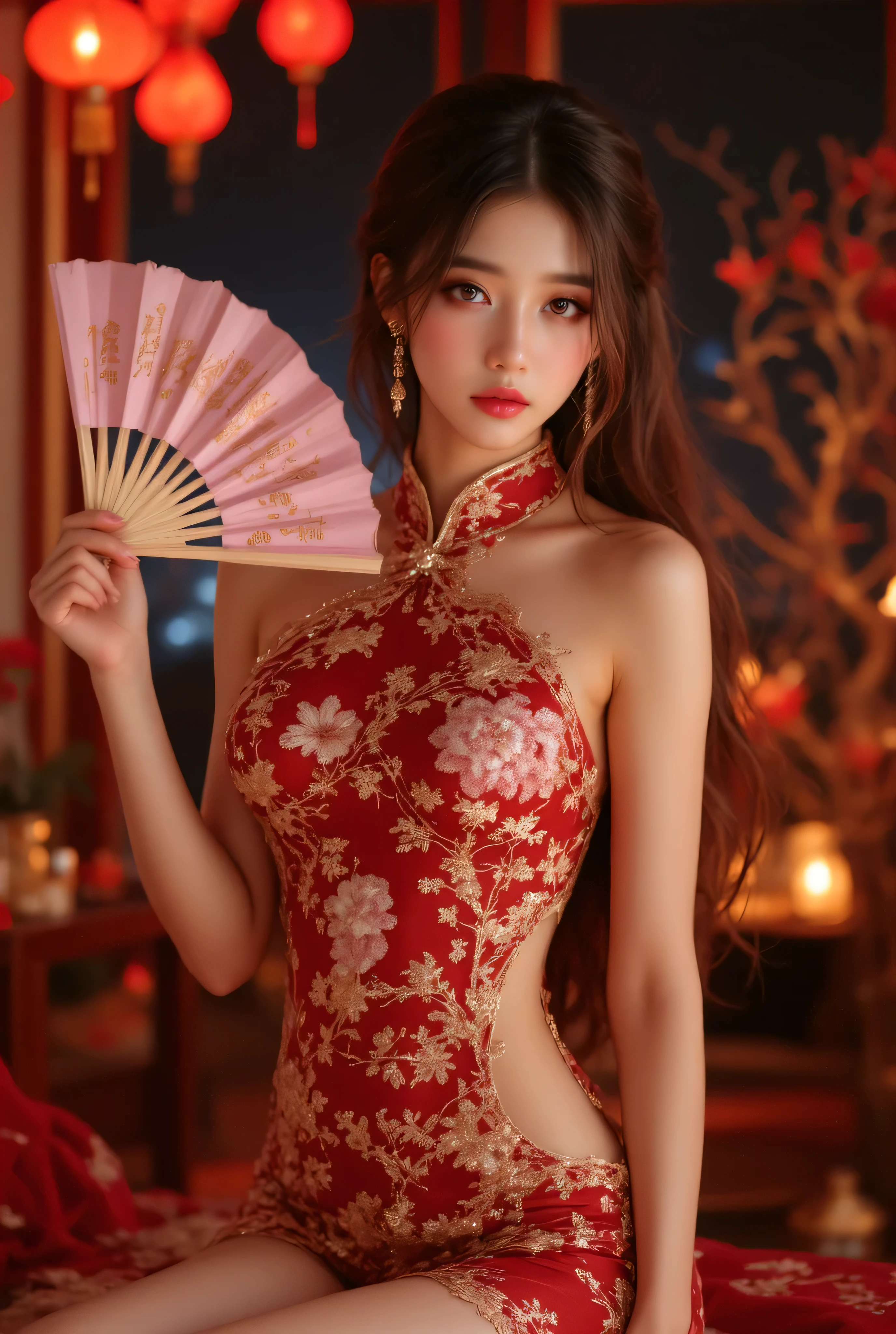 <lora:Spring Festival_20240128014515:0.8>, best quality, masterpiece, illustration, realistic, photo-realistic, amazing, finely detail, incredibly absurdres, huge filesize, ultra-detailed, highres, extremely detailed CG unity 8k wallpaper, nsfw, A captivating young Chinese woman adorned with hair ornaments and earrings. Her long black eyelashes frame her expressive eyes, which sparkle with mischief. Rosy blush dances on her cheeks, hinting at a playful smile. She is attired in a striking red silk cheongsam, the deep V-neckline showcasing delicate embroidery that shimmers with gold thread. The blurred background fades against the vibrant red, drawing attention to her graceful silhouette. From this sidelong perspective, the viewer catches a glimpse of her playful charm and undeniable allure.