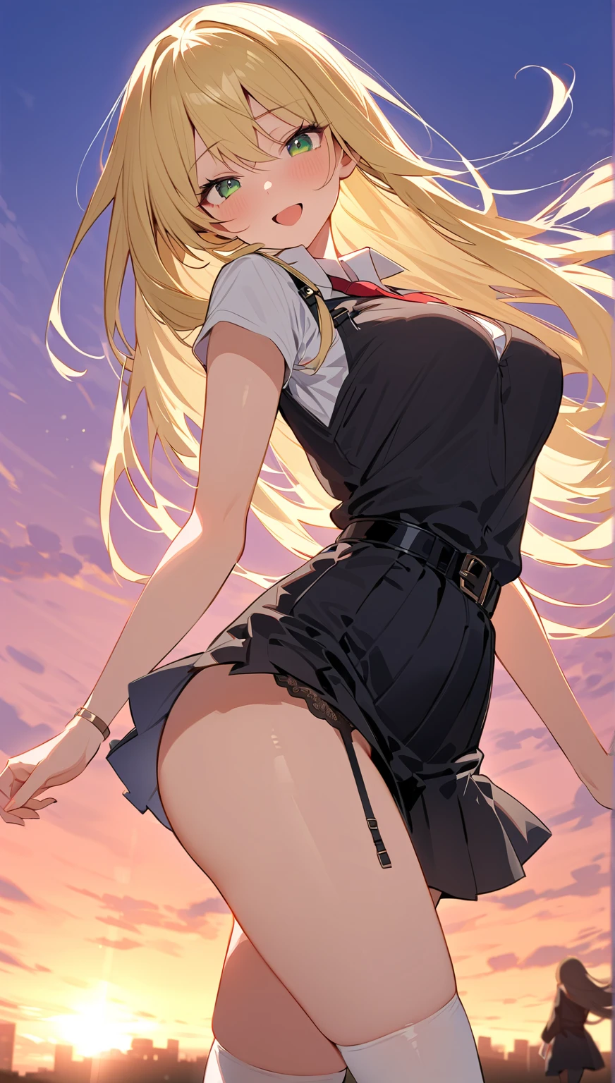 (score_9, score_8_up, score_7_up, score_6_up, score_5_up, score_4_up), masterpiece, best quality, high_resolution, 8k, UHD, 1girl, detailed, extremely detailed, best anatomy, (large breasts), outdoor, long hair, blonde hair, high ponytail, bangs,  green eyes, lustful eyes, seductive look, navel, white shirt, sleeveless, black skirt, short skirt, sky view, lift up the skirt, shot from below, pussy, nsfw, blush, 