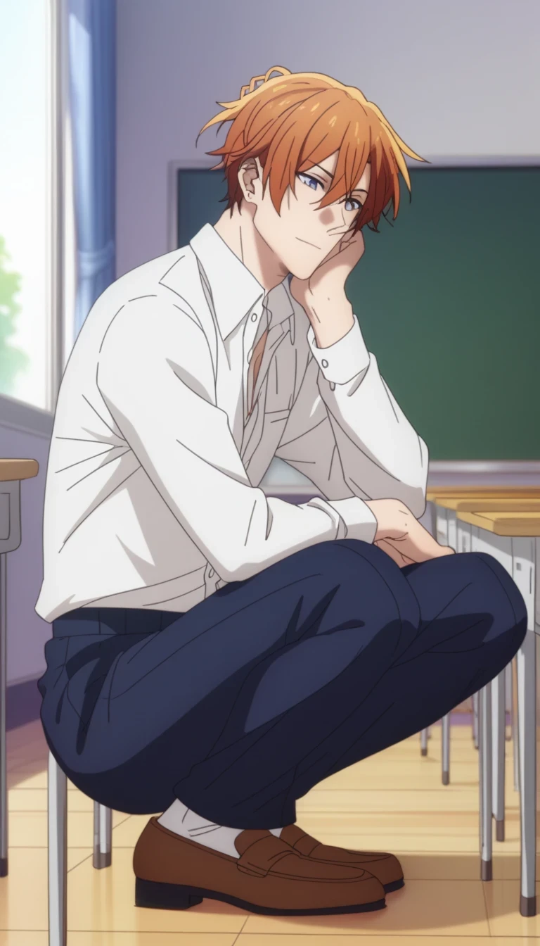 male, A man, short hair, cabello color naranja ojos café , navy blue school pants, white school dRess shiRt,  Arrogant expression squatting posture, squatting, in a classroom, Sitting on the flooR of the classRoom, Sasaki shummei anime, sentado en cuclillas