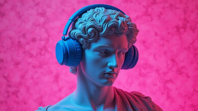 Create a sculpture of a mature woman in ancient Greek style representing a modern DJ. The figure must be in a dynamic and sensual pose, with one hand adjusting the headphones and the other on the soundboard. A escultura deve incluir,Fones de Ouvido: Grandes e modernos, carved in marble.Mesa de Som: Mix of modern technology with classic Greek elements,Corrente de Ouro: Robusta, hanging from the neck.Clear glasses: With a translucent appearance, como vidro.Cabelo Rasta: Dreadlocks caindo para a frente, parcialmente cobrindo o rosto.Sculpture Style Erotic and Sensual Position: Stoic sophistication.Totally Nude Facial Expression: Philosophical serenity with light sensual provocation.Proportions and Musculature: Greek Classic.Vestimenta Tradicional grega adaptada ao visual de DJ.Base e Contexto:Combination of Greek classical elements and modern music symbols.White marble, detalhes em dourado, translucent glasses.