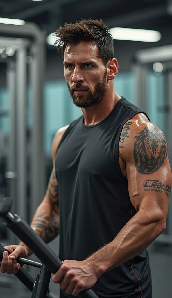 White young man , ranger , tribal tattoos on forearm,18 years old, military haircut, black hair, blue eyes fixed, intense gaze, affiliated features, no facial hair, height 1.93, weight 100 kg, aesthetic muscular build, broad shoulders, V-shaped body, full body focus, completely hairless,
